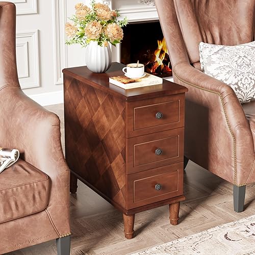 Miniatura 4 de Tribesigns Mesa auxiliar de madera maciza, mesa auxiliar estrecha totalmente montada con cajones, mesita de noche premontada, mesita de noche