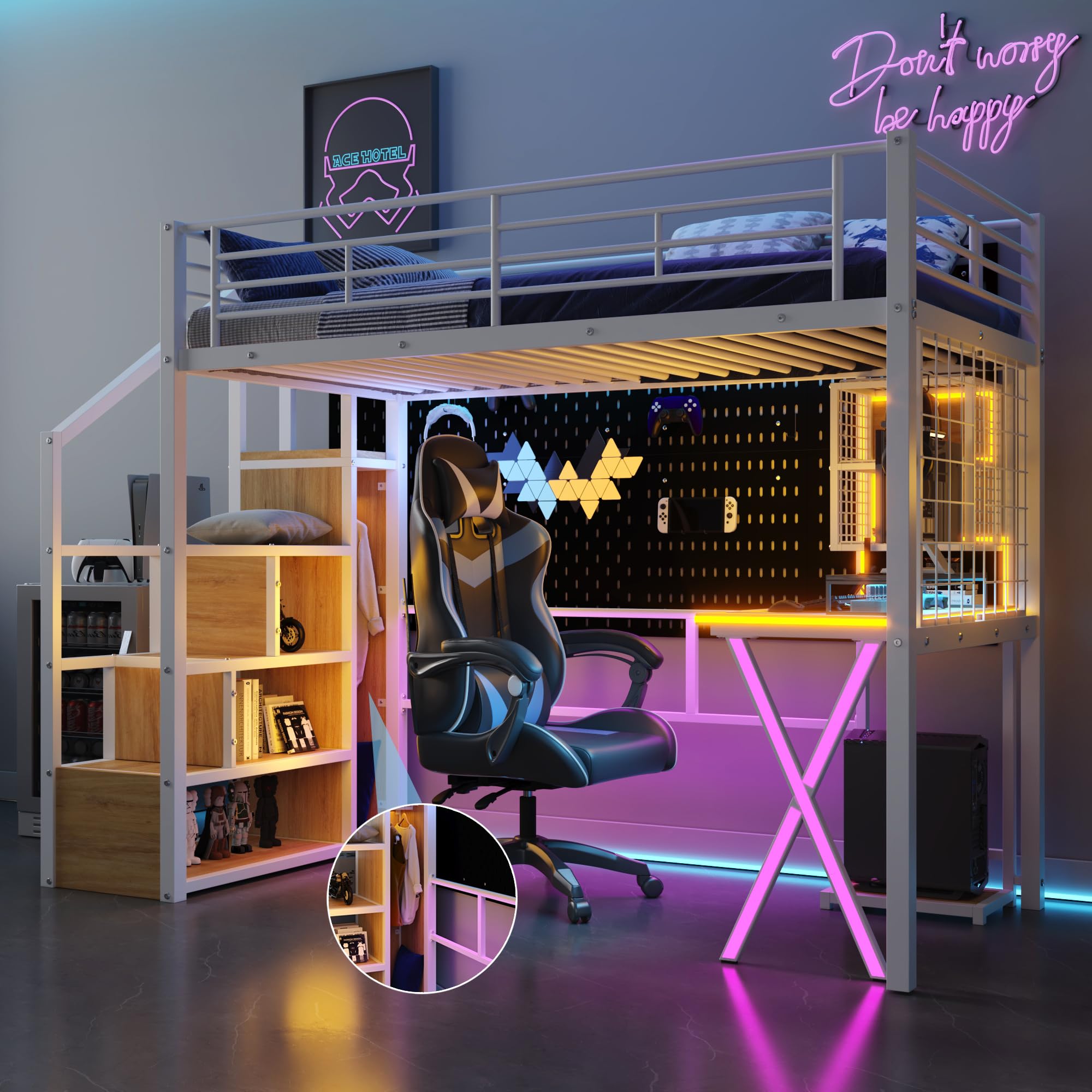 VilroCaz Twin Size Loft Bed with Workstation and Storage Staircase, Metal Gaming Loft Bed Frame with Safety Guardrail for Bedroom Guest Room, Maximize