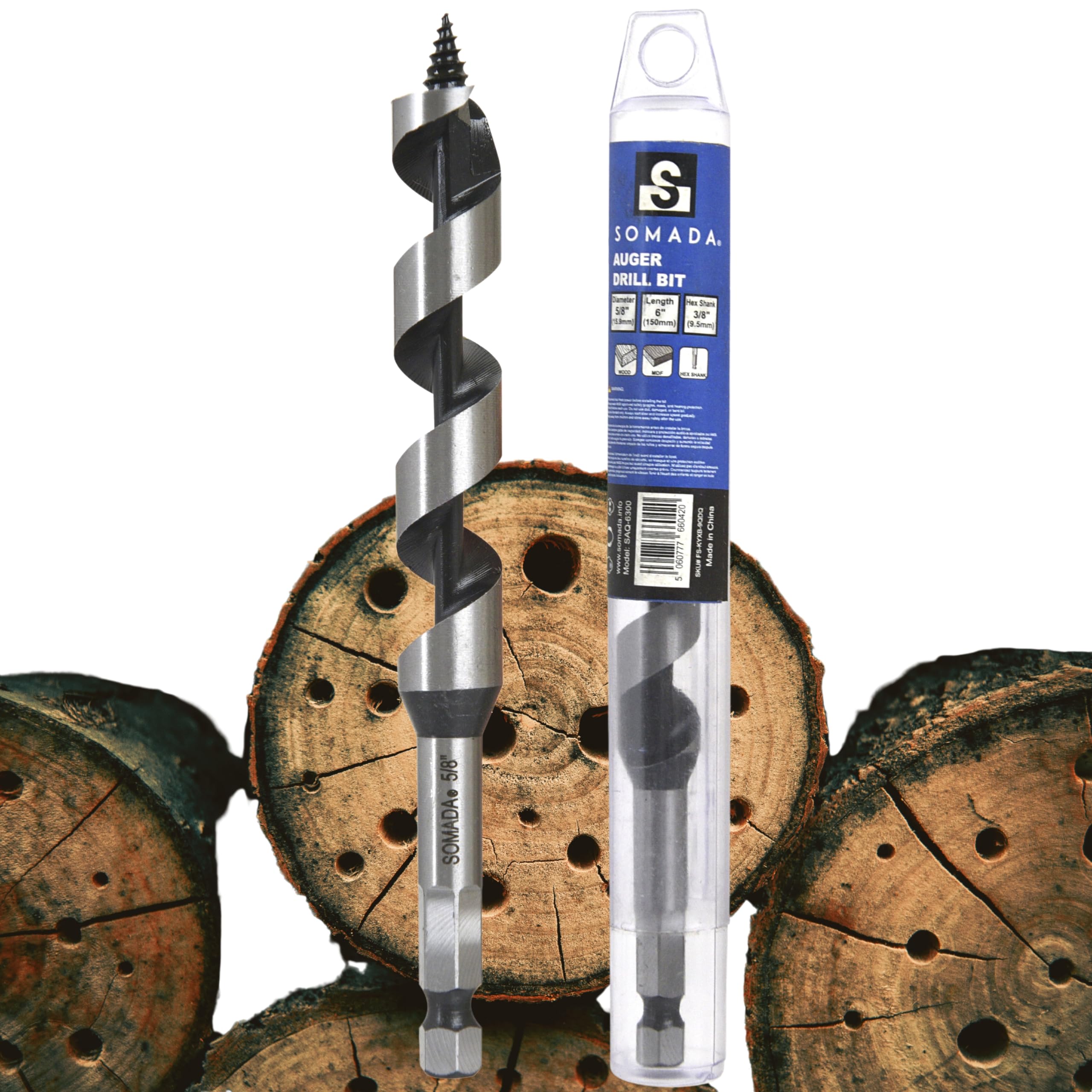 SOMADA 5/8-Inch x 6-Inch Auger Drill Bit for Wood, Quick Change Hex Shank 3/8-Inch One Piece, Ship Auger Long Drill Bit for Soft and Hard Wood,