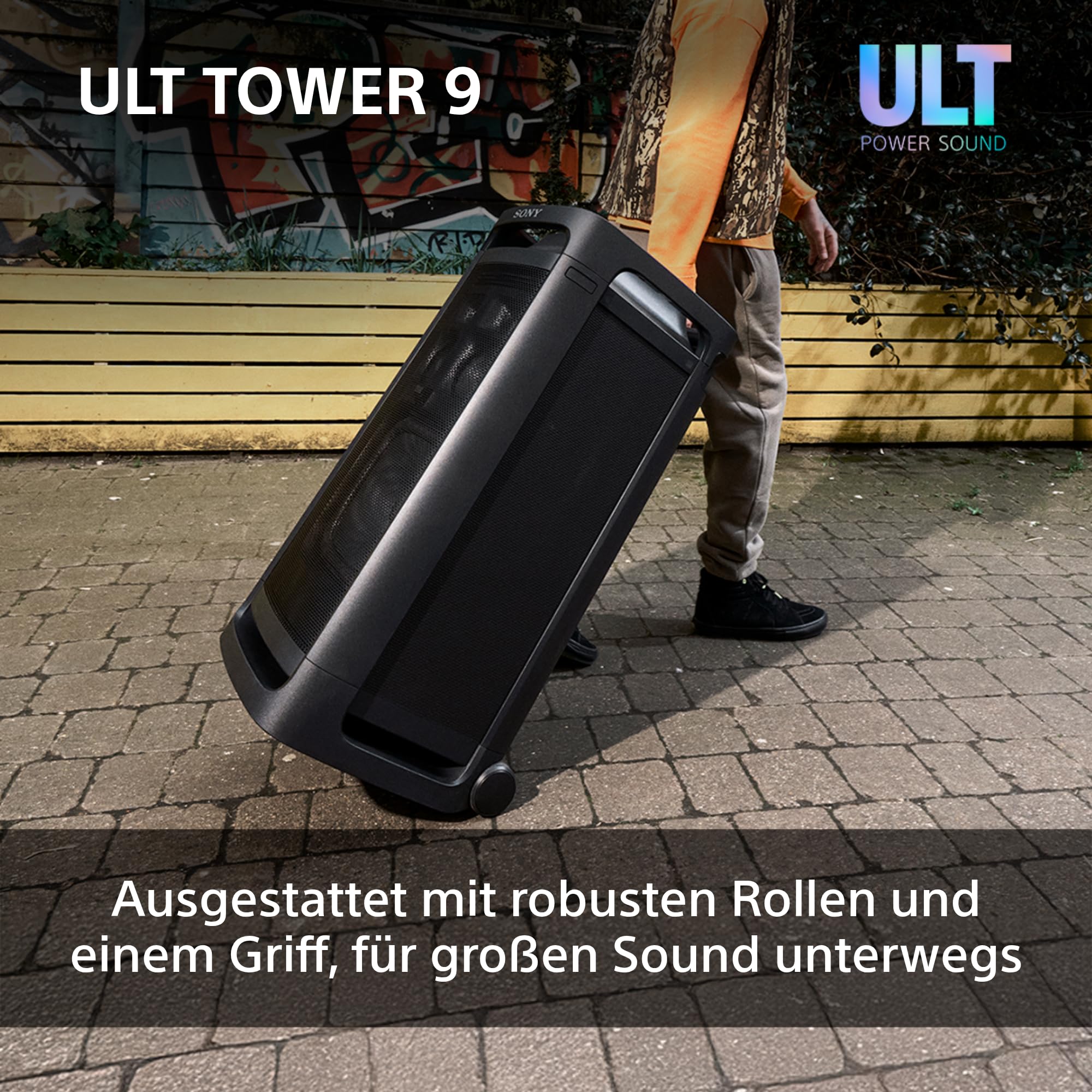 Sony ULT Tower 9 - Ultimativer Bluetooth-Party-Lautsprecher, 25 Stunden Batterie- und Netzbetrieb, 2 ULT Power Sound Modi, X-Balanced Speaker, 360° Beleuchtung & Sound, Karaoke-Eingänge - Schwarz
