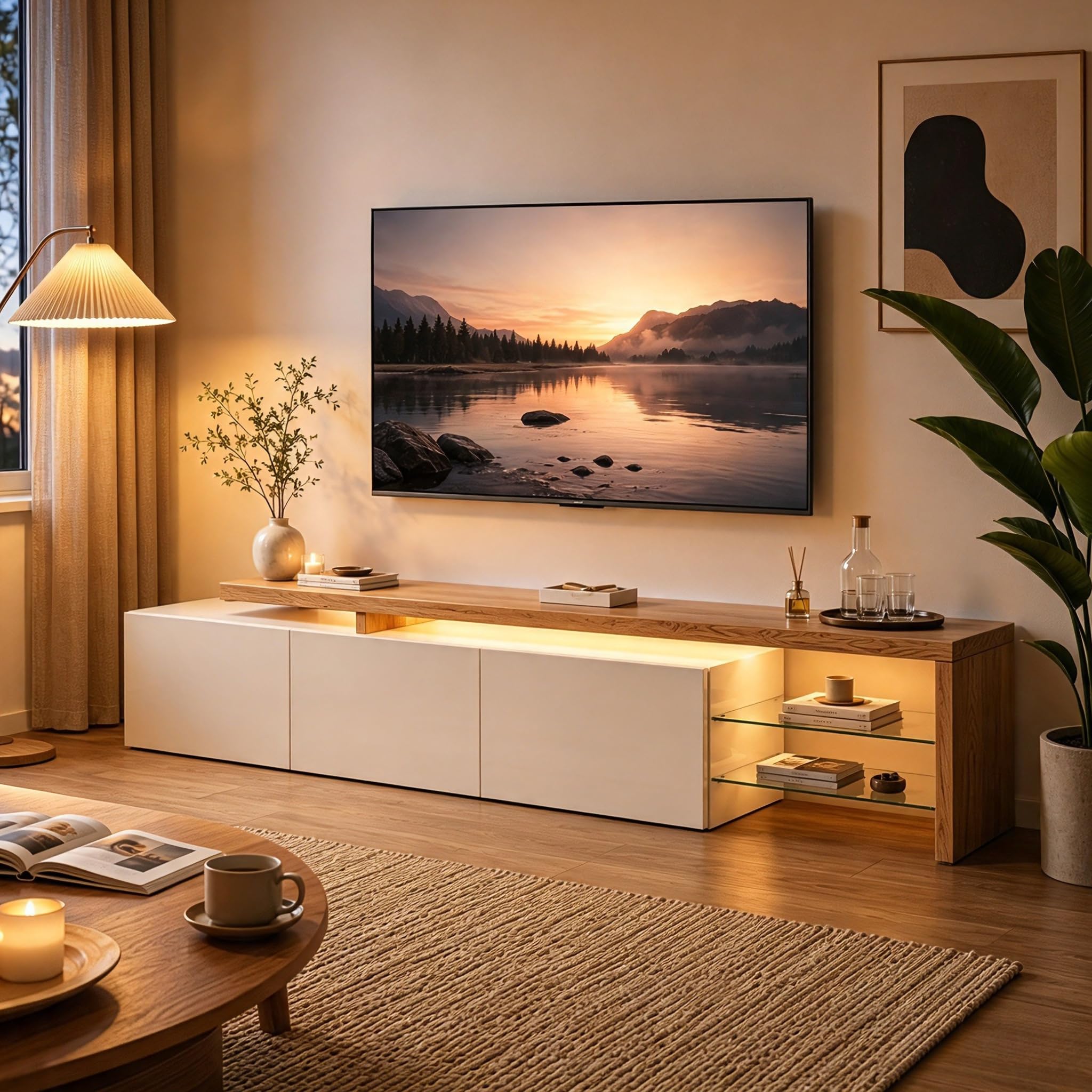 Niska szafka pod telewizor 200 cm z diodami LED, wysoki połysk, imitacja drewna, szklane półki | 3 drzwi, otwarta półka, 7 kolorów LED za pomocą pilota zdalnego sterowania, 200 x 42 x 39 cm, płyta wiórowa