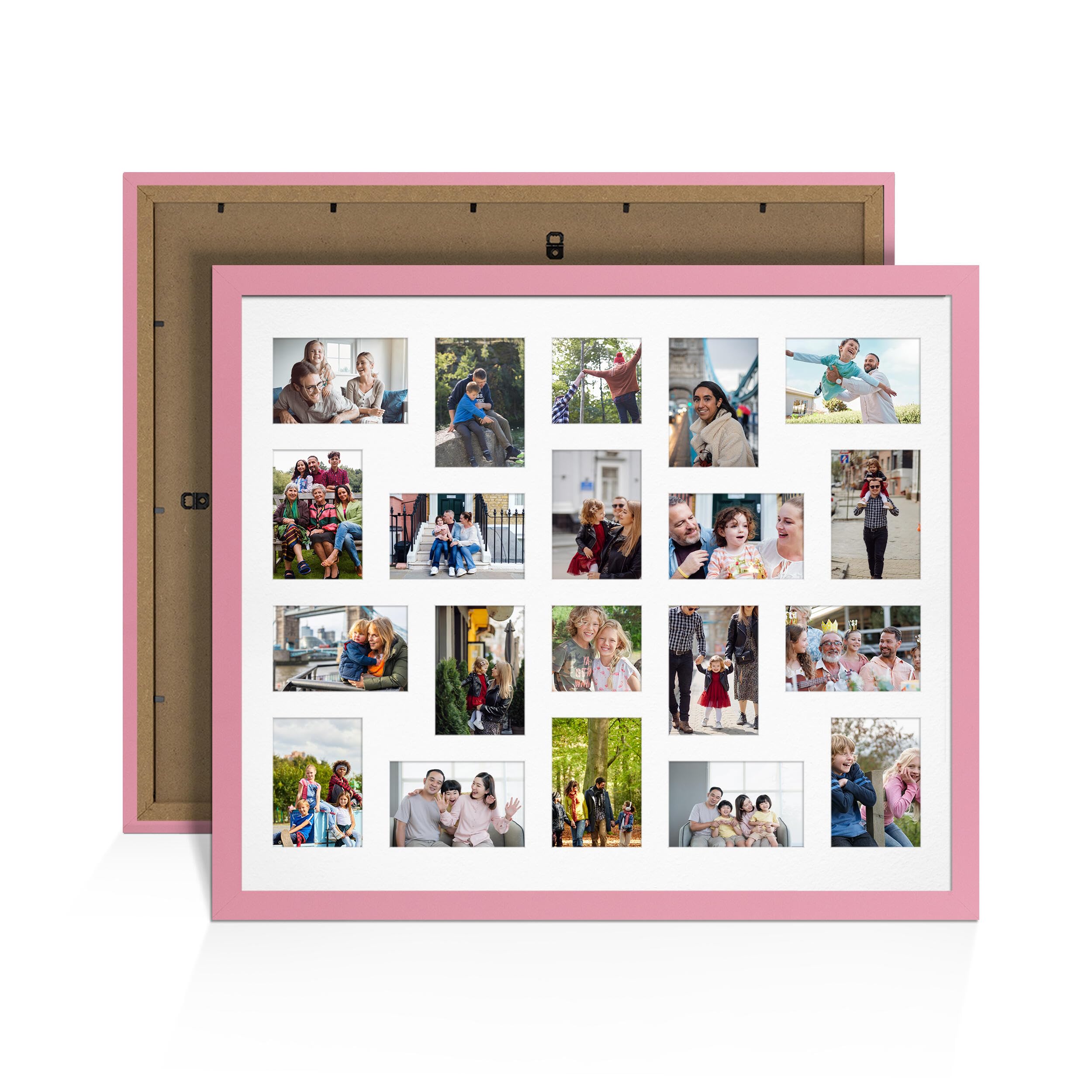 Alison Kingsgate Pink 80x70cm Photo frames for multiple pictures - 20 Apertures Collage Frame with White Mount- Holds (18x) 6x4 & (2x) 4x4 Photos - Engineered Wood & Perspex
