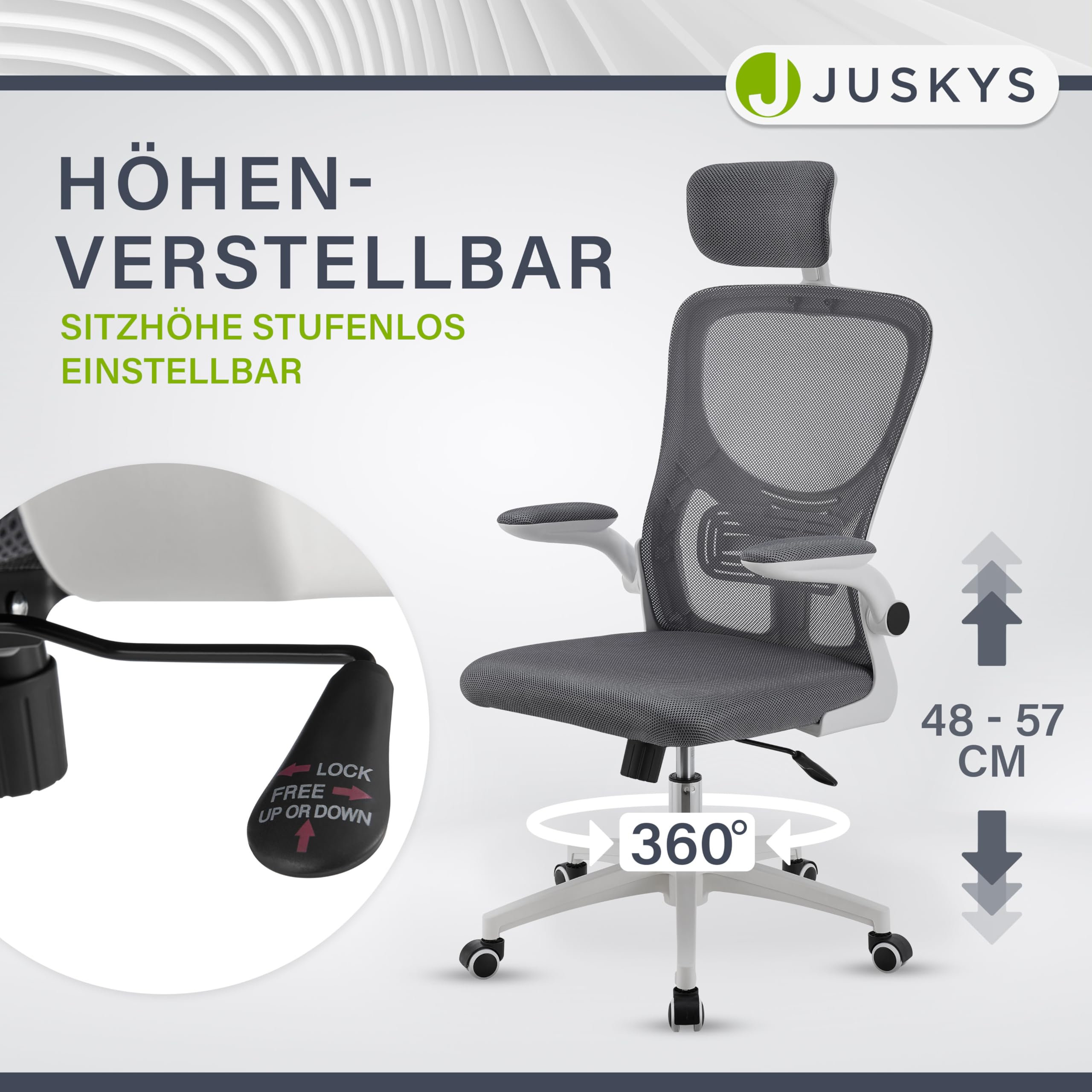 Juskys Bürostuhl Baltimore mit Rollen & Armlehne - Schreibtischstuhl ergonomisch & höhenverstellbar - Stuhl für Arbeitszimmer - Drehstuhl - Grau