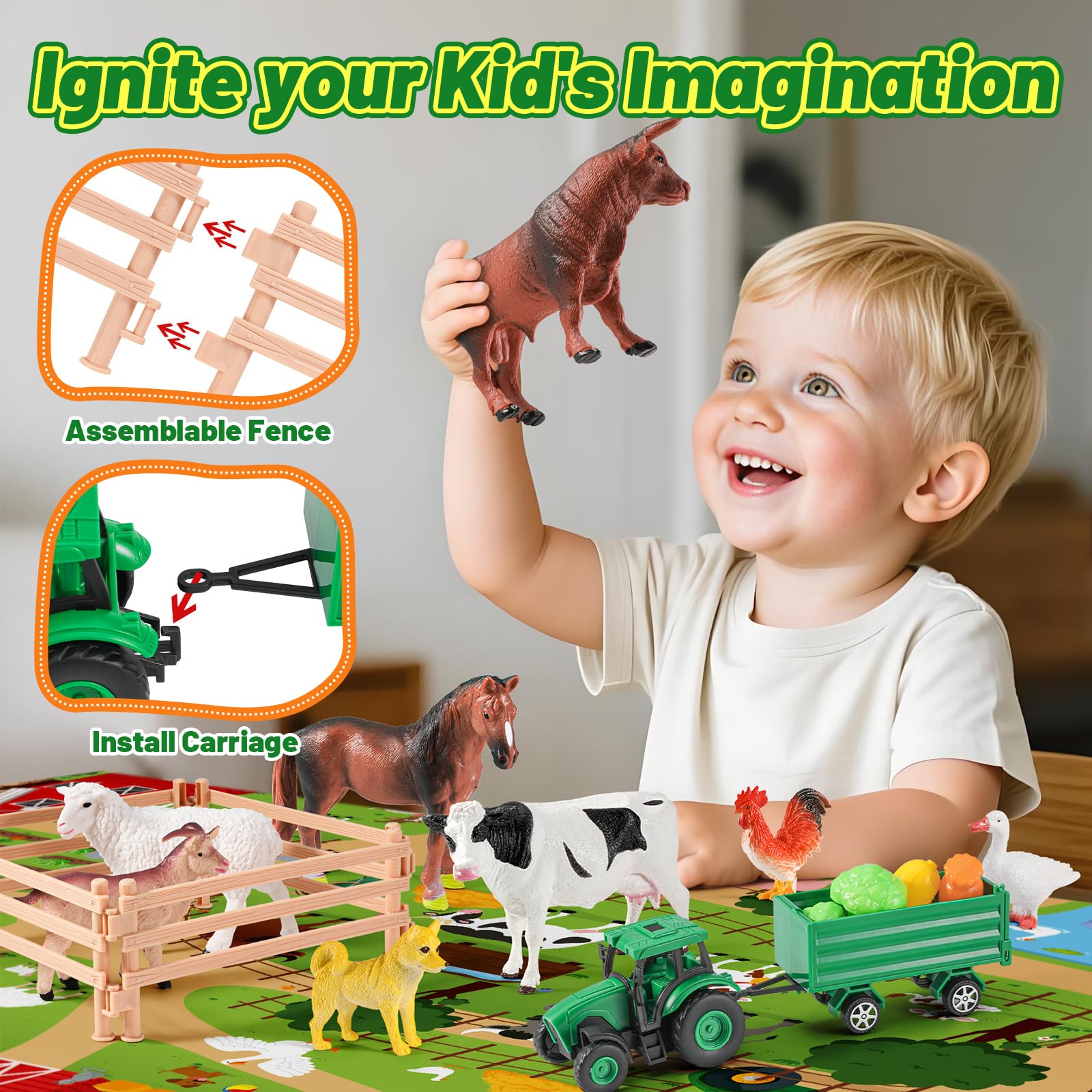 FRUSE Animales de Juguetes con 120 x 80 cm Grande Tapete Juego, 38 Piezas Granja Juguete con Figuras de Animales de Granja Realistas, Tractor Juguete y Valla,Juegos Educativos Niños 3 4 5 6 Años