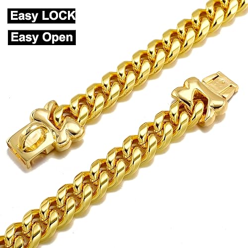 Miniatura 7 de Collar de perro de cadena dorada de metal de acero inoxidable con eslabones cubanos de eslabones cubanos fuerte y resistente, a prueba de mordidas,