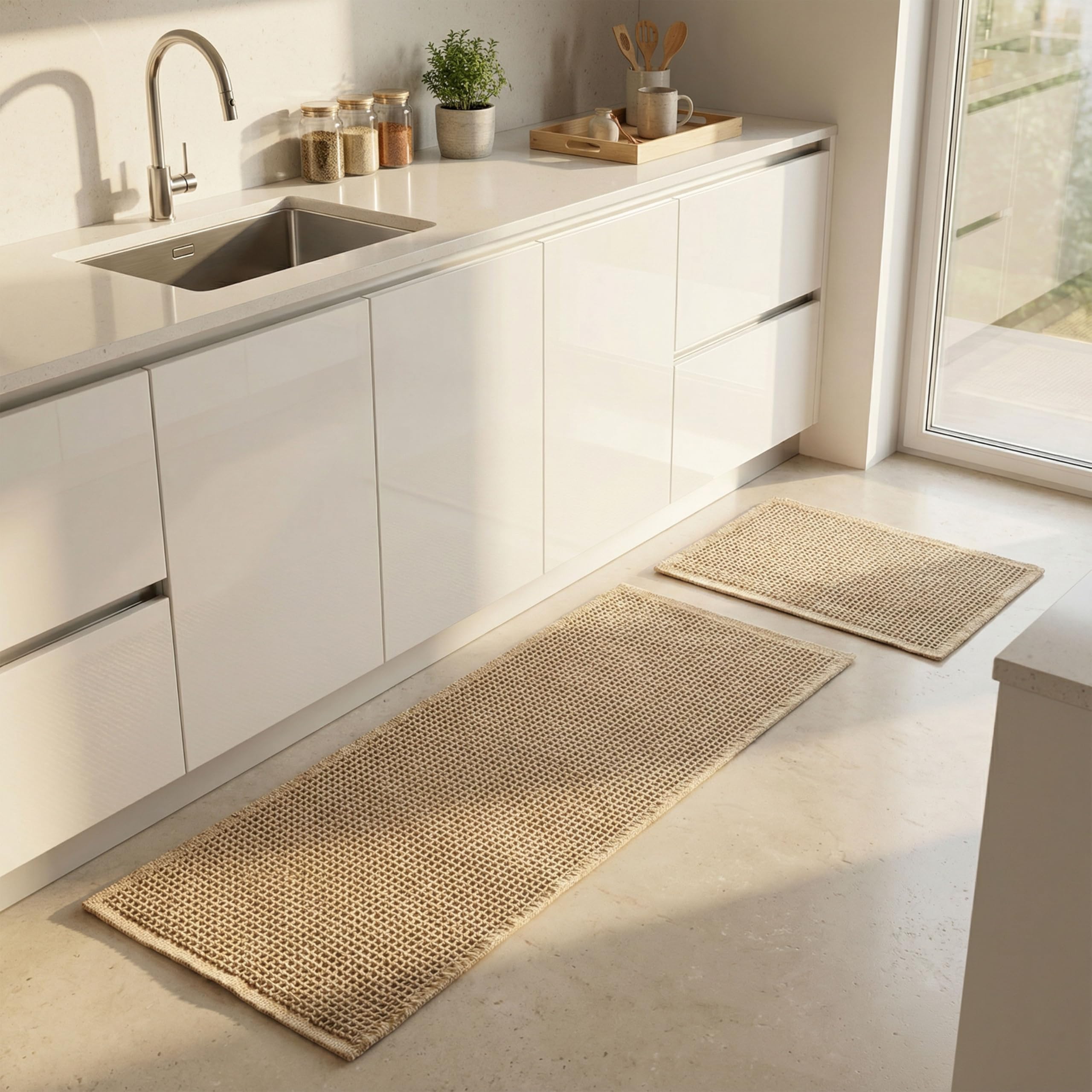 URMONA Großes Badteppich Set 2 Teilig, 50 x 121 cm + 43 x 61 cm, Badezimmermatte Deko, Boho Bath Mat, rutschfest Duschvorleger für Badezimmer Wohnzimmer Schlafzimmer(Braun)