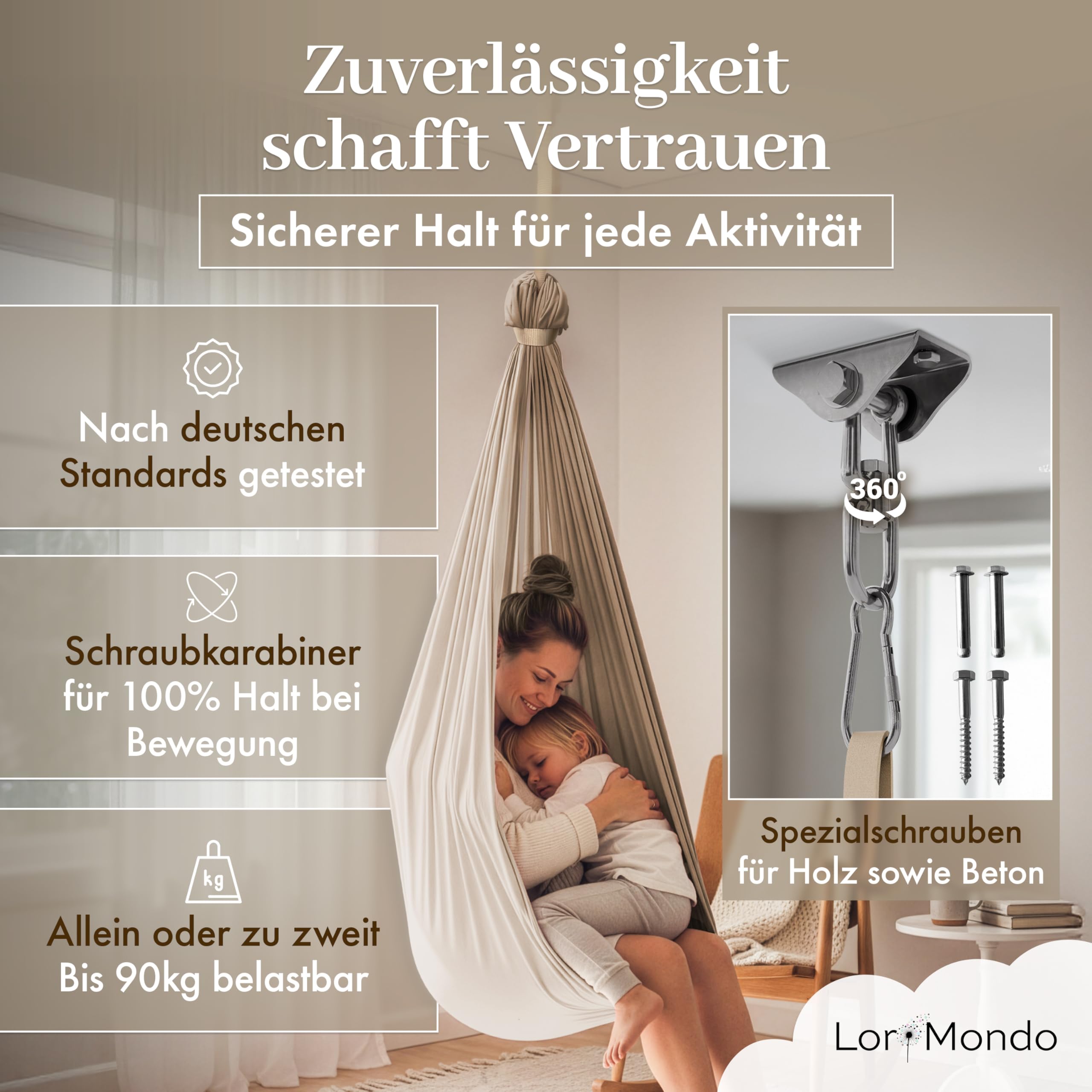Hängeschaukel – Gemütliche Indoor Schaukel aus Baumwolle für entspannte Momente, inkl. Montageset und Baumwolltasche (Naturbeige) - 4
