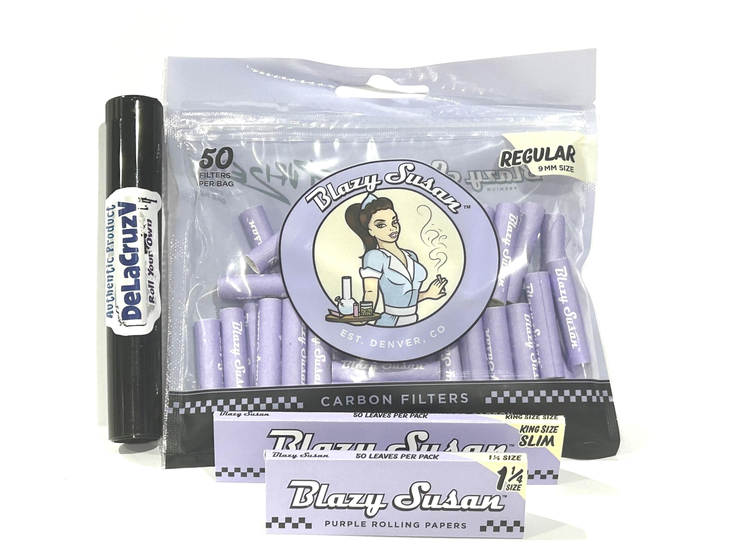 Blazy Susan Purple Carbon Filter Tips | Regular Size 9MM| 50ct Bag-Bundle with DeLaCruzV Tube.