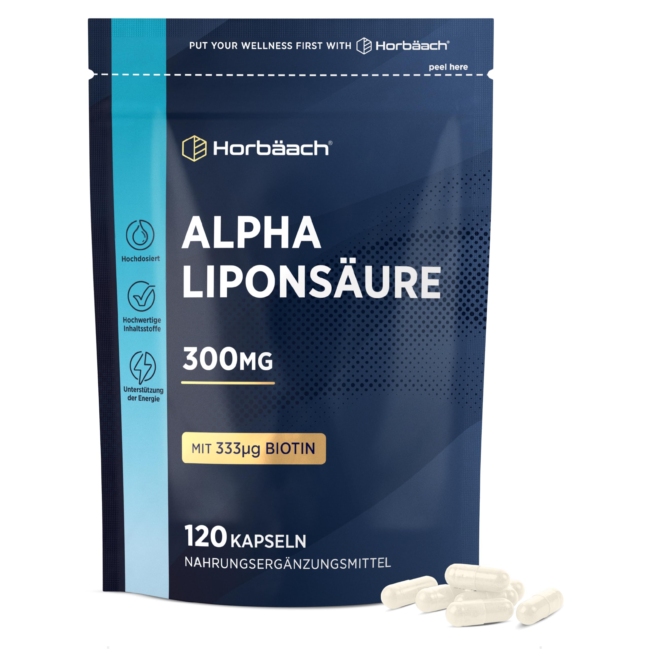 Alpha Liponsäure 300mg Pure | 4 Monate Vorrat - 120 Alpha Lipoic Acid Kapseln | Hochdosiert | ALA | Beauty Complex mit Biotin | Horbaach