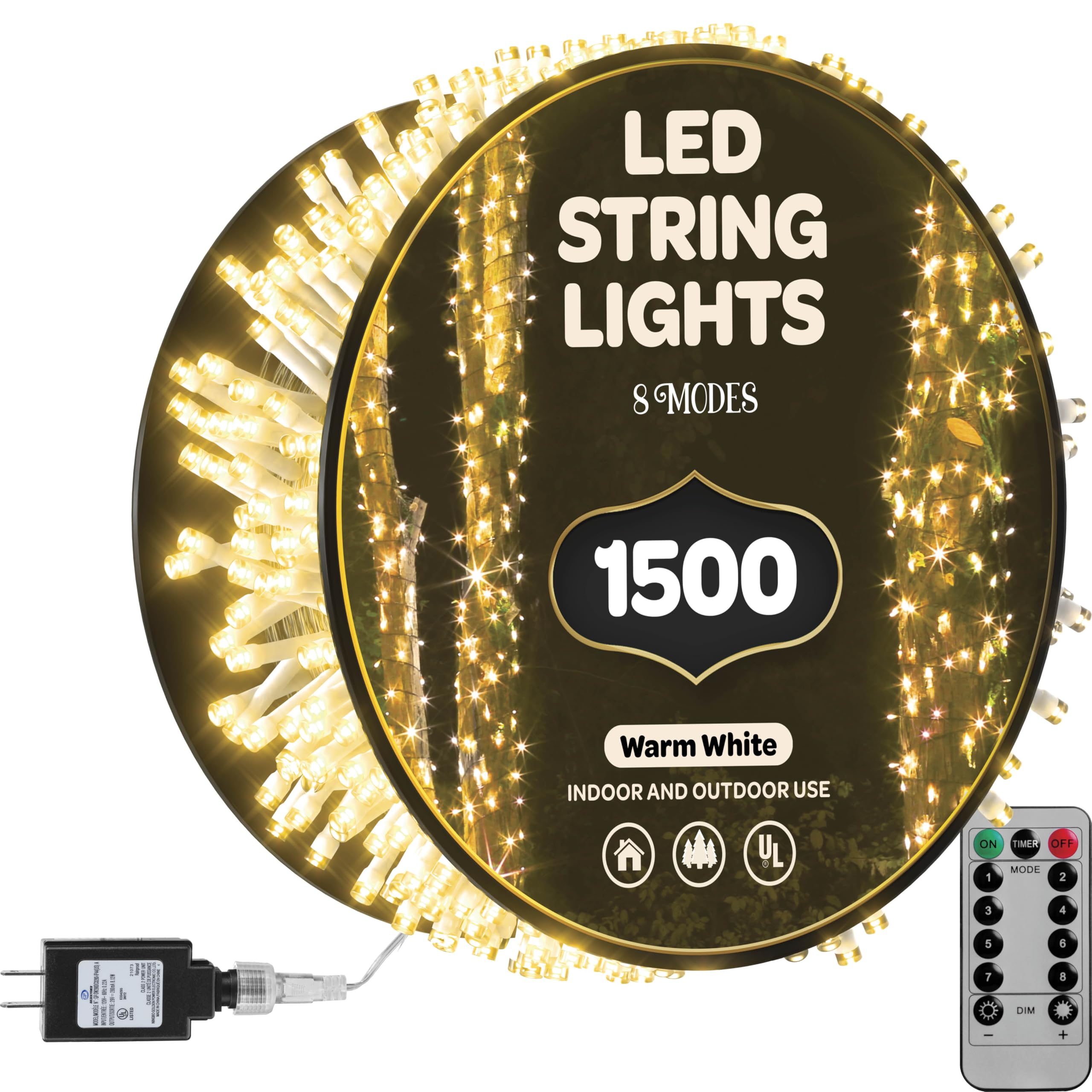 SEWANTA 1500 LED Lights [Warm-White] 600 ft String Lights Outdoor, with 8 Modes/Timer/dimmable for Indoor/Outdoor Use - for Holiday/Christmas/Party/Decorations (Clear Wire)