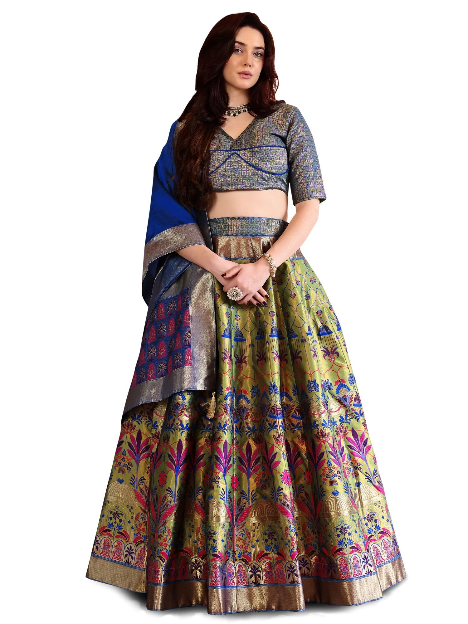 Faux Silk Women's Kanjivaram Semi-Stitched Lehenga Choli (Omera)-image-27