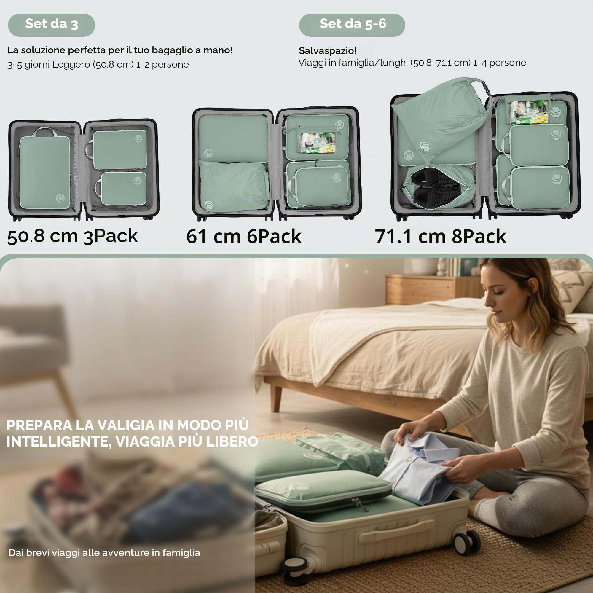 Cipway Compressore Organizer Valigia,Borsa da Viaggio Espandibile Ultraleggero Salvaspazio Viaggio Organizer per i Vestiti per Zaini o Bagagli a Mano(Verde salvia,8 Pezzi)