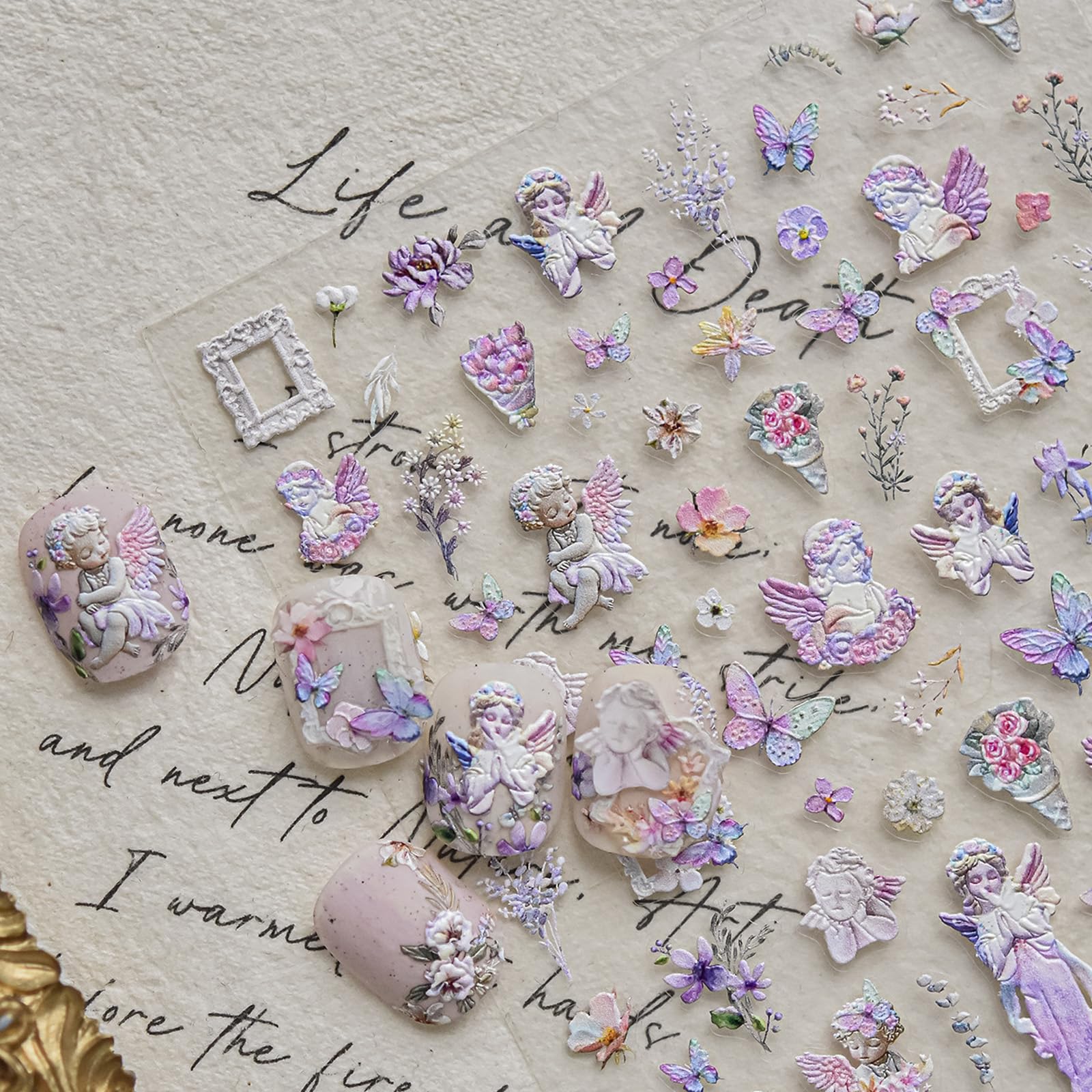 Calcomanías de arte de uñas de ángel en relieve 5D, diseño de flores de Cupido, autoadhesivas, decoración de decoración de jardín
