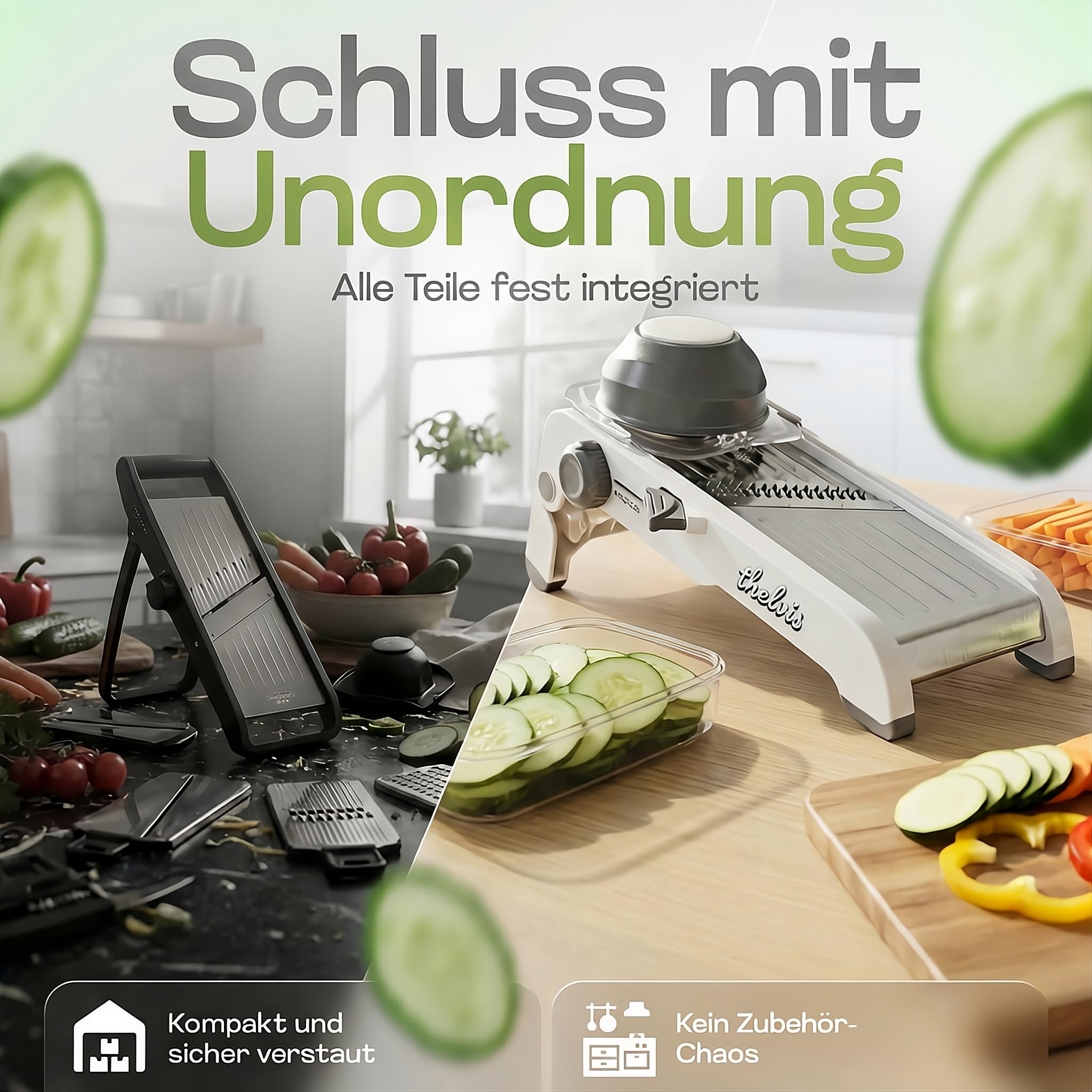 Premium Mandoline Gemüsehobel Edelstahl | kein Klingenwechsel | sicher und modern | Gemüseschneider manuell | Julienneschneider | Gurkenhobel dünne Scheiben | vegetable slicer | Küchenhobel