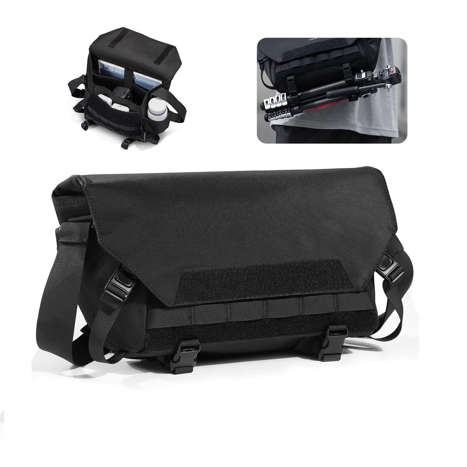 Sling Camera bag with Tripod Holder, Small Compact Tactical Shoulder Bag for DSLR/SLR/Mirrorless Cameras, Waterproof Crossbody Bag for Women and Men, Black
