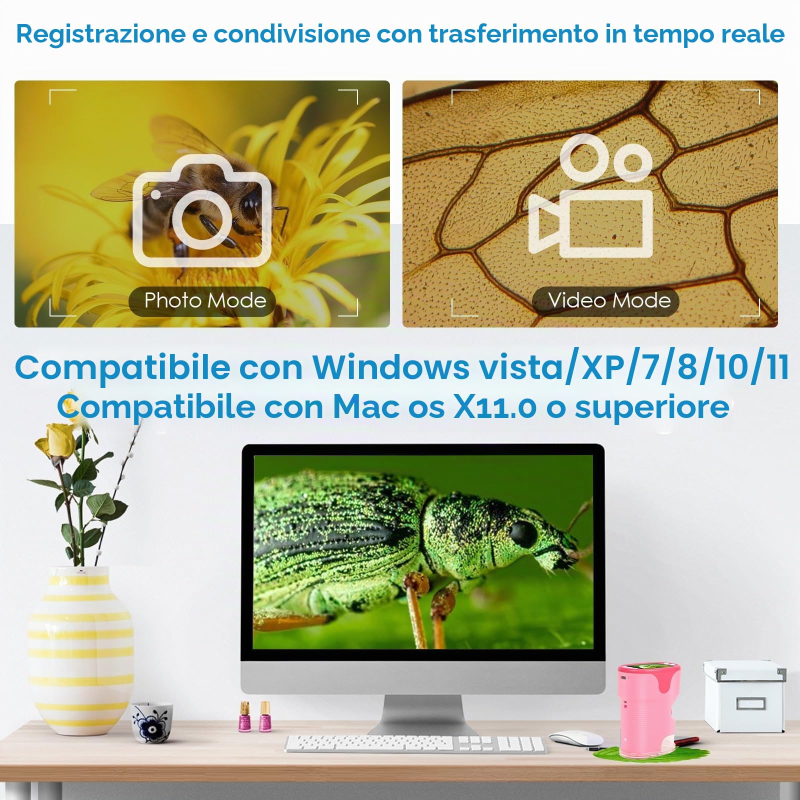 Microscopio per bambini, Vankarr 1000X Microscopio tascabile digitale portatile Mini microscopio per cellulare con scheda SD da 32GB, schermo IPS da 2 pollici, vetrini portaoggetti, regalo per bambini