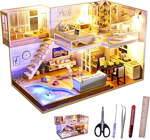 Kit de casa en miniatura con funda a prueba de polvo kit de casa de muñecas en miniatura con herramientas de montaje mini kit de fabricación de casa