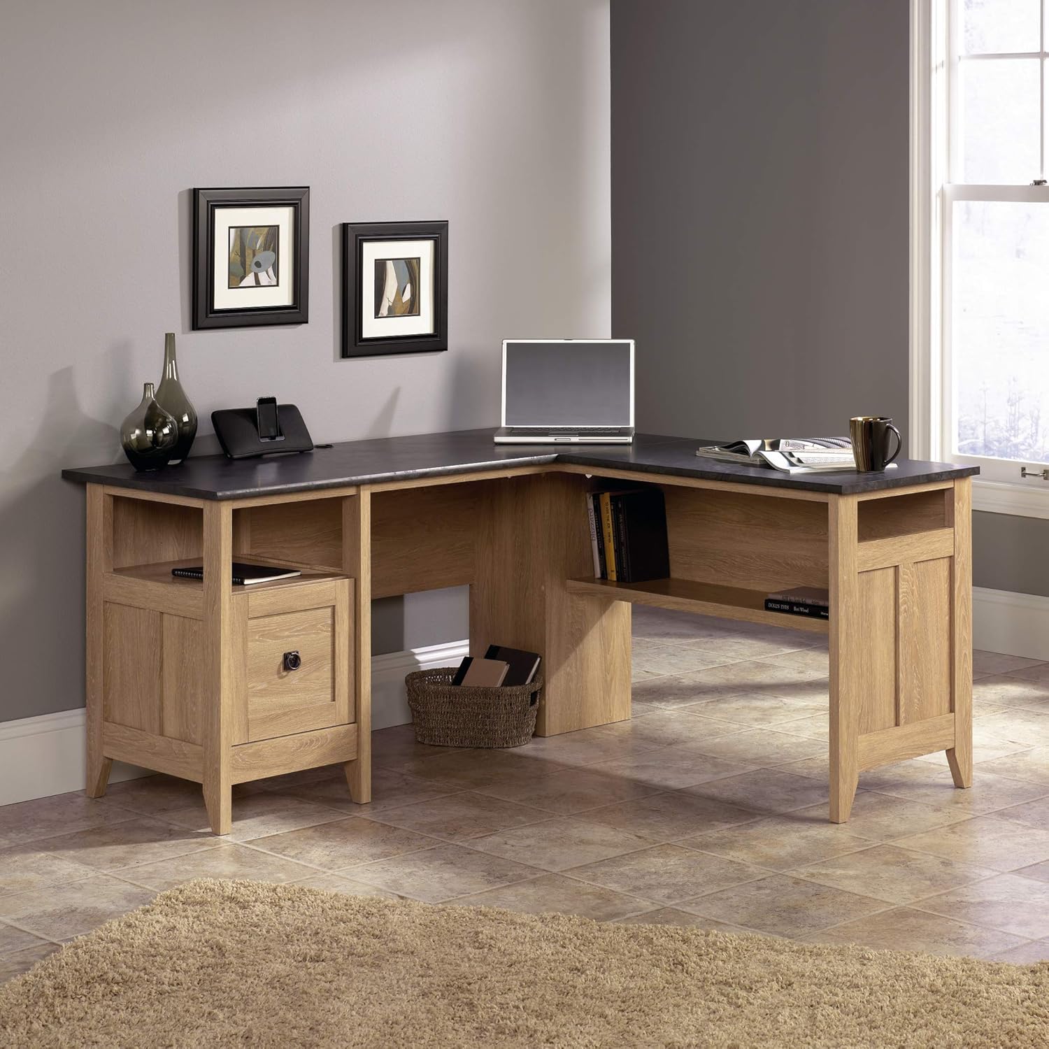 Dover Oak L-Shaped Corner Computer Desk with Filing Drawer