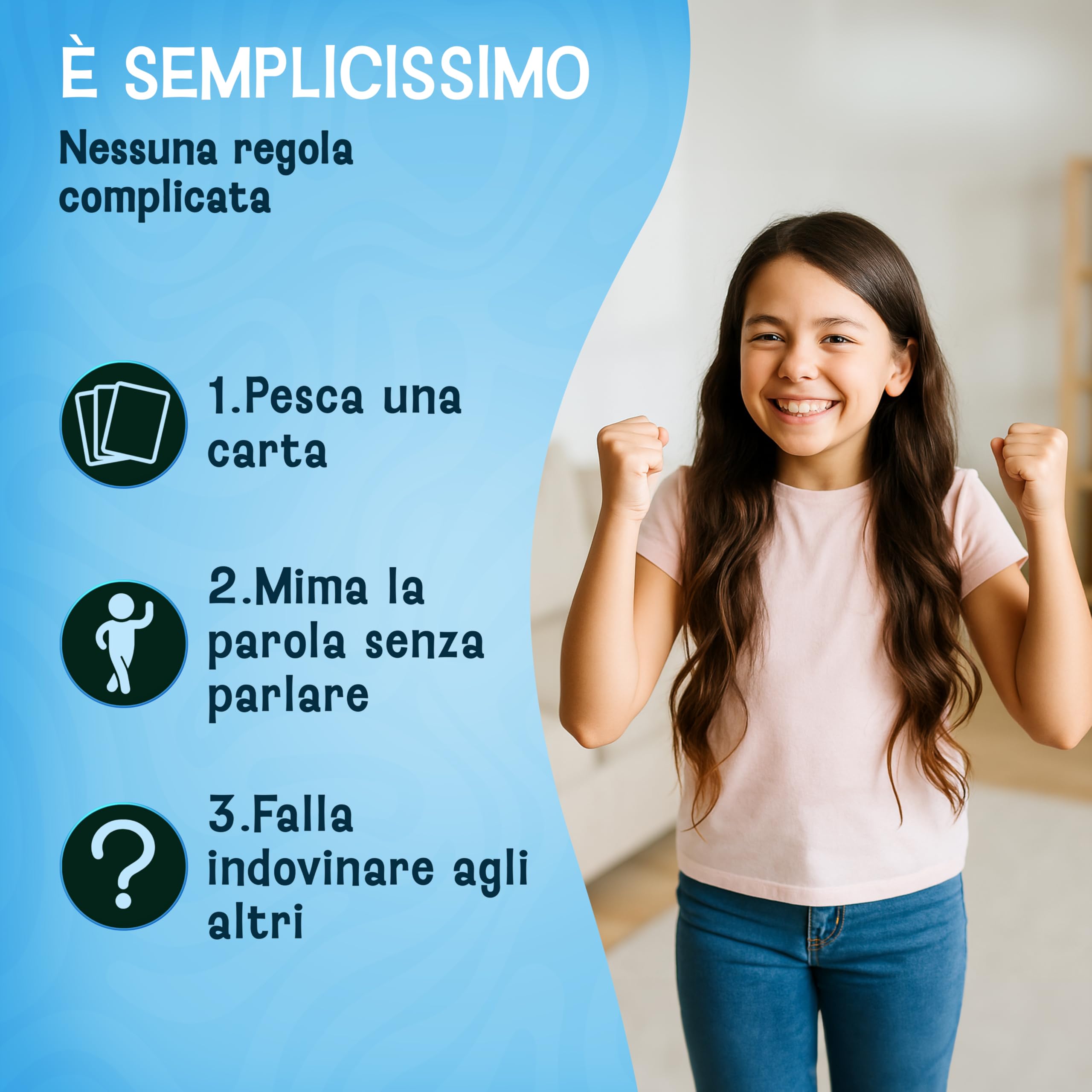 Mimo per bambini – Gioco carte divertente di mimica da 4, 5, 6, 7, 8, 9 anni – Gioco di indovinelli per tutta la famiglia – Per giocare all’aperto e in casa – Idea regalo per bambine e bambini