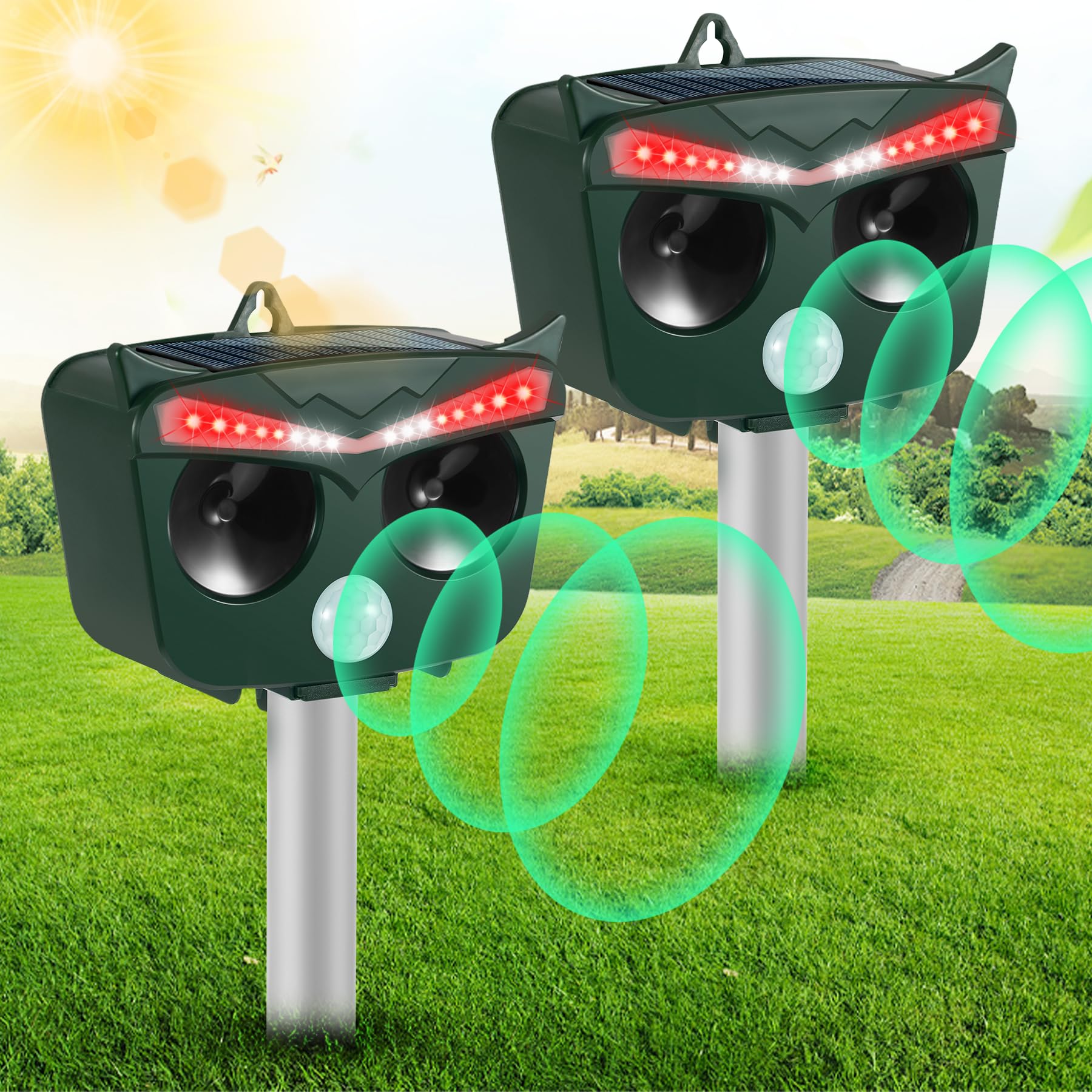 2 Pack Ultrasonic Animal Repellent Outdoor,Waterproof Solar Animal Repeller with Motion Sensor and Flashing Light,Animal Deterrent for Cat Squirrel Dog Rabbit Raccoon Skunk Deer Out of Yard Garden