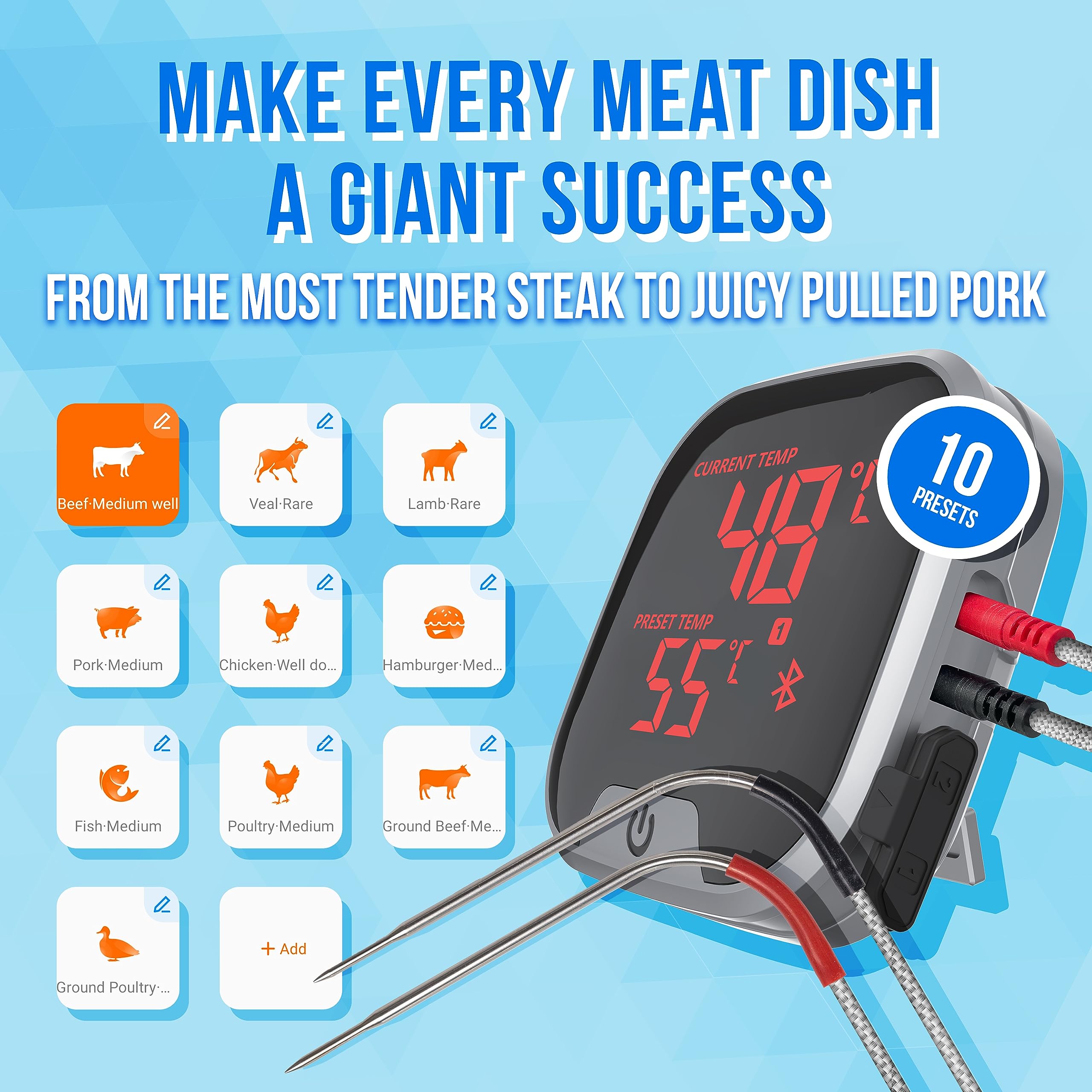 Silvergear® Fleischthermometer mit App | Grillthermometer Kabellos Bluetooth | BBQ Thermometer mit 2 Temperaturfühlern | 40m Reichweite | Digital Braten-Thermometer für Grill & Backofen| USB-Aufladbar