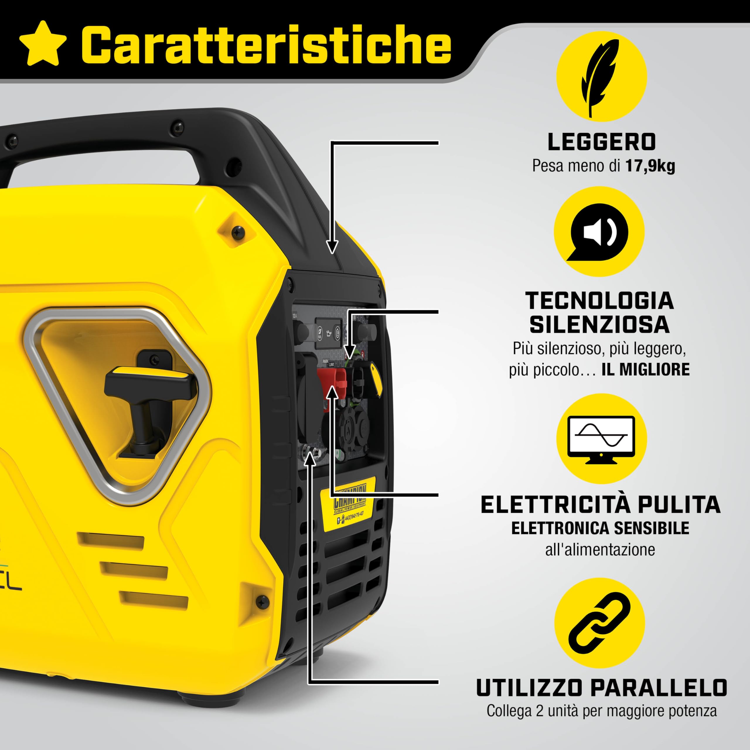 Champion Power Equipment Generatore inverter portatile a benzina da 2200 Watt 92001I-EU - 240V, motore 79cc, 4.0L - The Mighty Atom - Super leggero, onda sinusoidale vera, EZ Start, ultra silenzioso