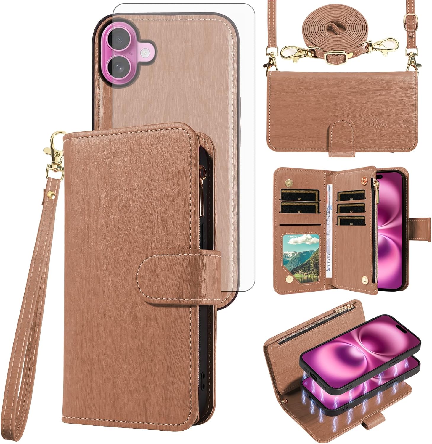 Asuwish Phone Case for iPhone 16 Plus 6.7 inch Zipper Wallet Magnetic Detachable Cell Cover with Tempered Glass Screen Protector Crossbody Strap Card Holder Slot i Phone16 16+ i16 + 16Plus Women Brown