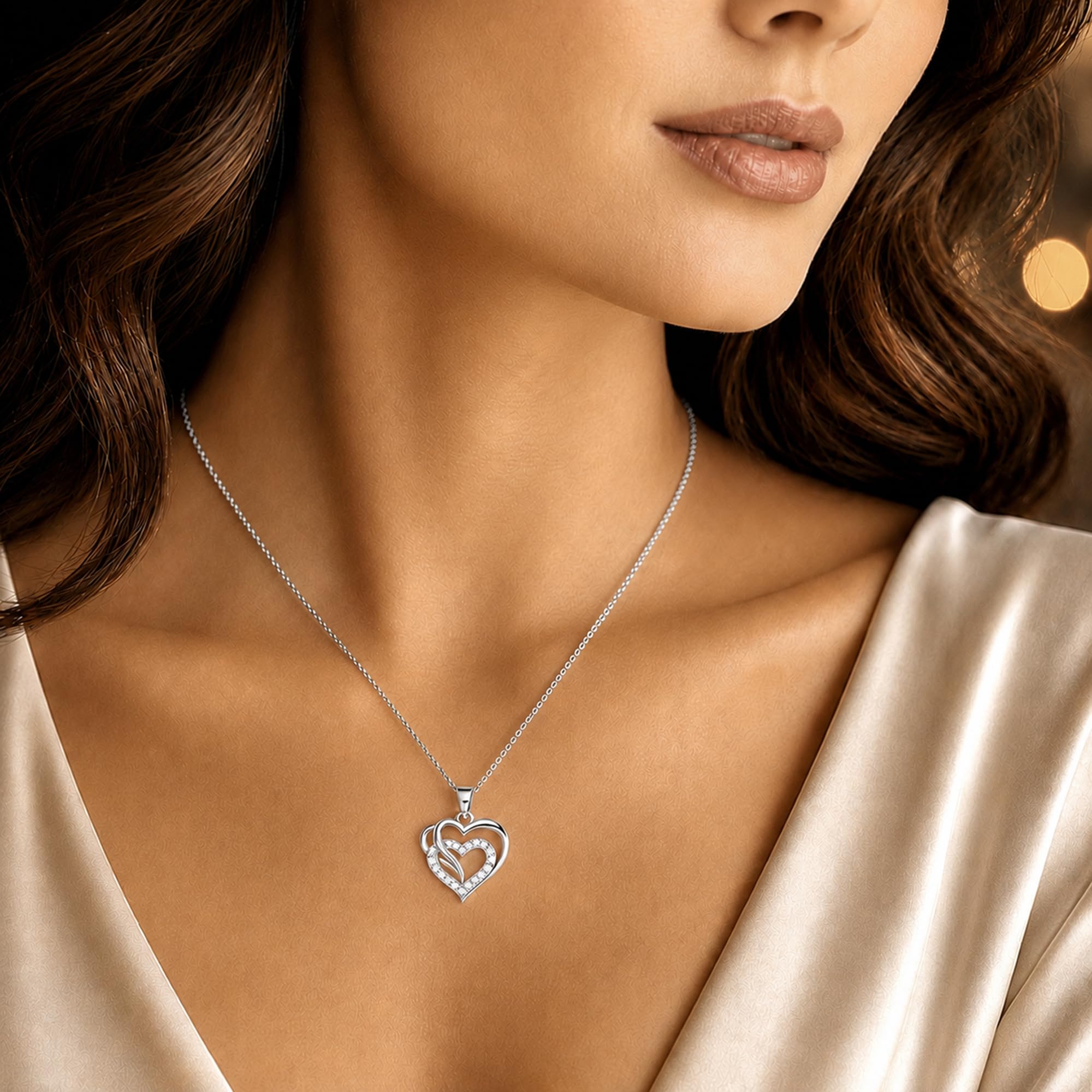 Herzkette Damen 925 Sterling Silber, Halskette mit Herz Anhänger und Zirkonia, Kette Geschenk für Frauen Freundin, Zusatzherz Ich liebe Dich, inkl. Schmuckdose und Geschenktasche