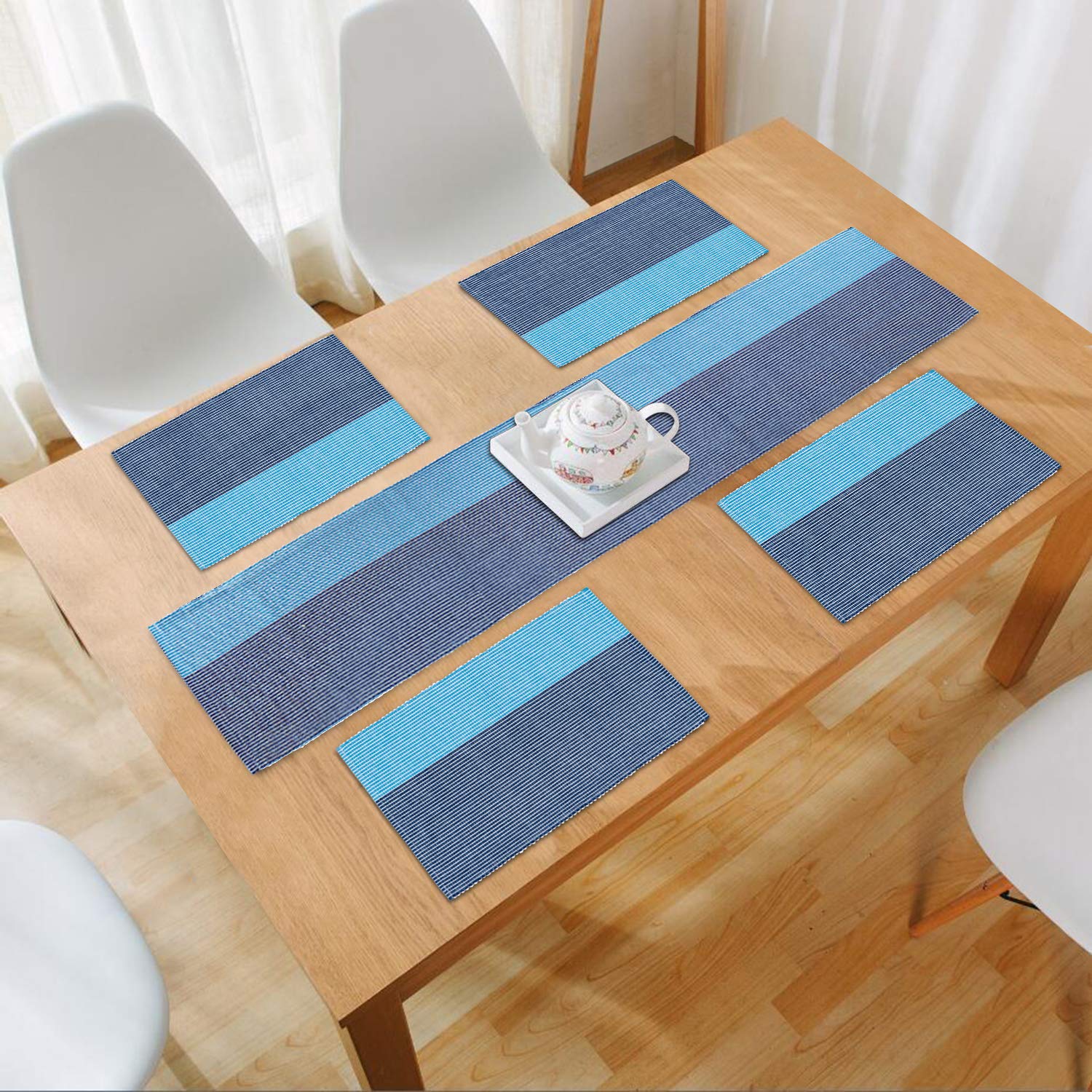 HOKIPO Blue Ribbed Placemats & Table Runner -22