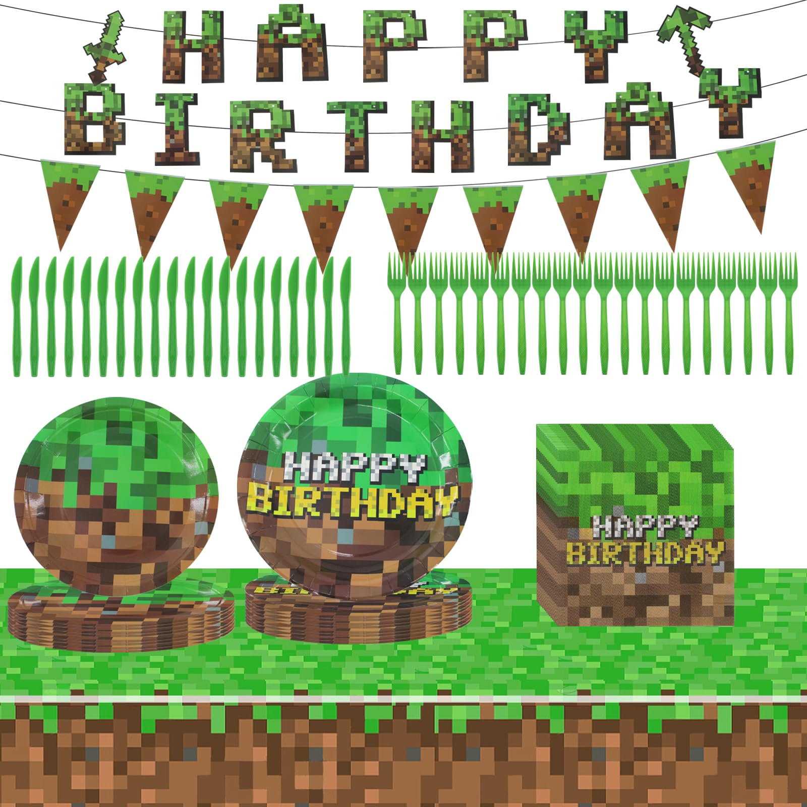 117 Pcs Pixel Birthday Party Decorations Plates Napkins Banner Tablecloth Forks Party Supplies Tableware Set for for Boys Teen Birthday Decor