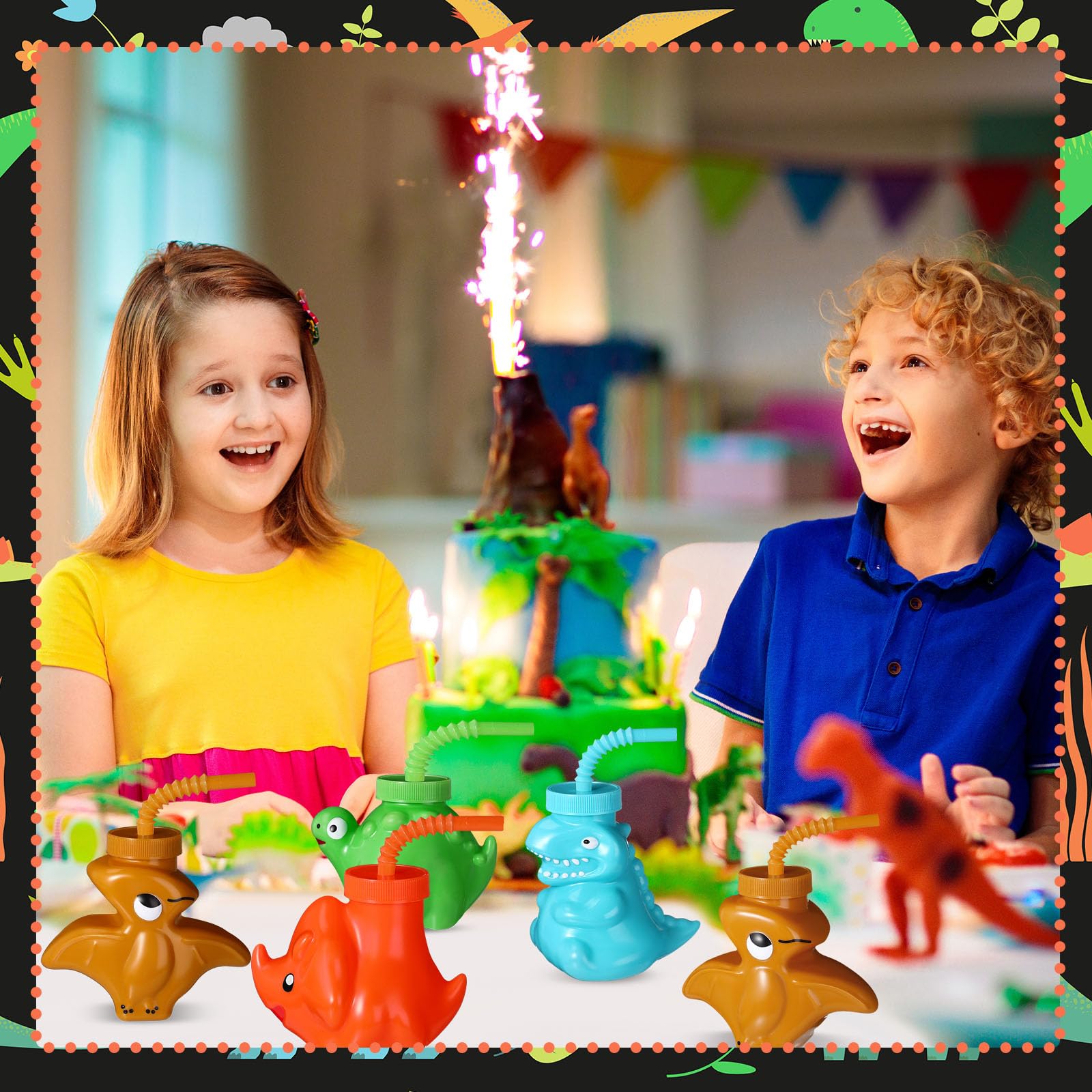 Maxcheck Dinosaur Party Favor Gift Supplies Dinosaur Cups with Straws and Lids,10oz Plastic Dino Shape Sippy Cup Bulk Reusable for Dinosaur Birthday Party Safari Jungle Dinosaur Party(24 Pieces)