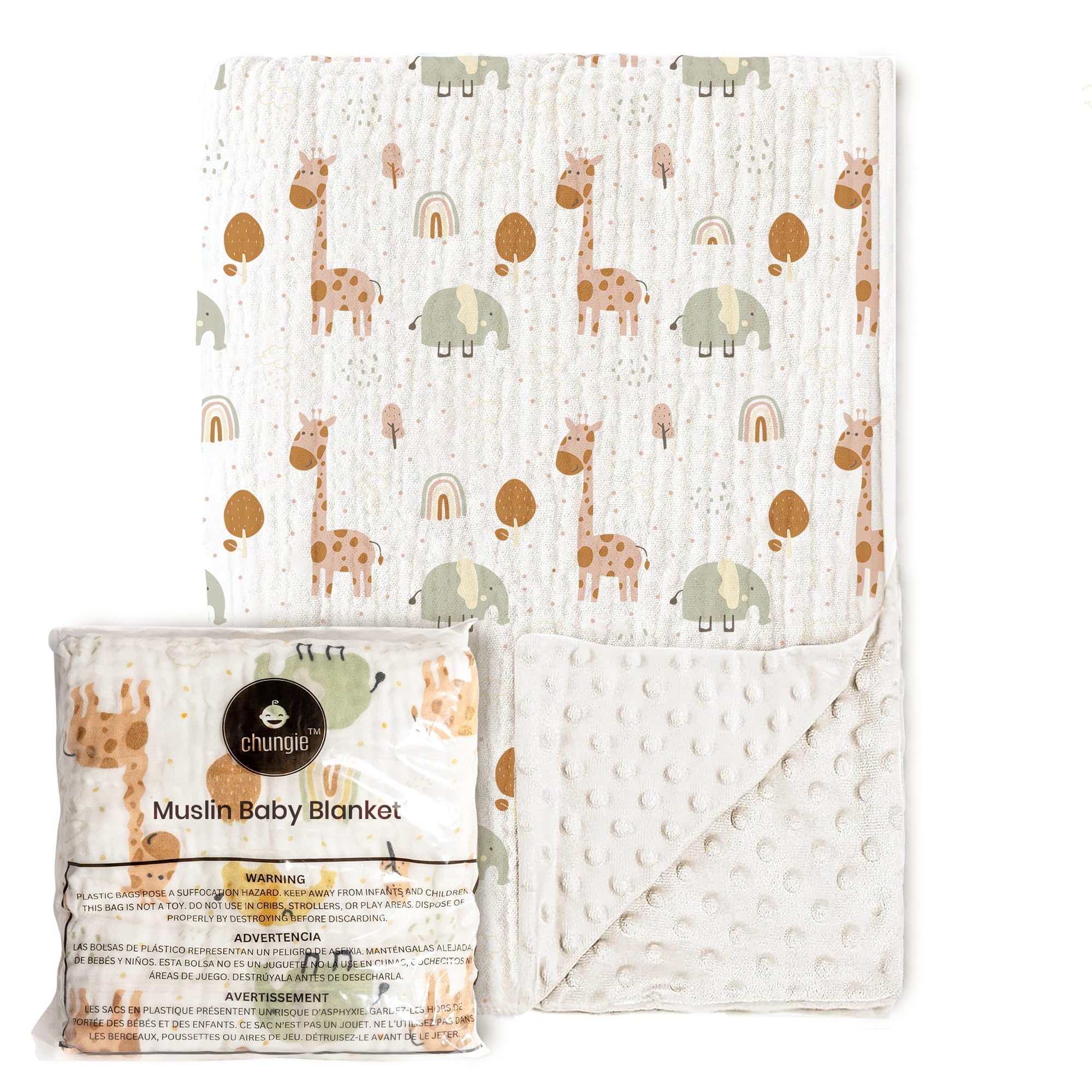 Chungie Soft Baby Blanket 40x30 inches – 100% Cotton Muslin Front & Plush Minky Fleece Back, Multi-Layer Blanket for Baby Boys & Girls, Nursery Bed