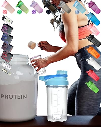 Botella agitadora anticaída sin BPA (tapa azul claro y taza transparente) 16 onzas16.9 fl oz, elegante diseño mecánico (tapa giratoria con bloqueo,