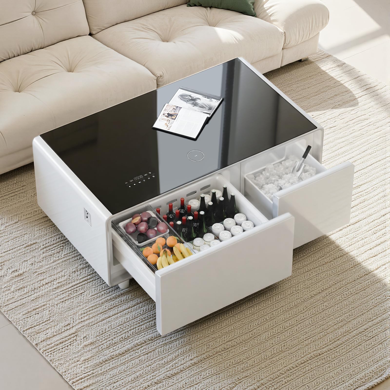 LIVTAB Smart Coffee Table, Living Room Table with Built in Fridge, 23" D x 41.5" W x 18.2" H, 15W Wireless Charging, USB Chargers and Speakers (LT90-FreezerX, White)