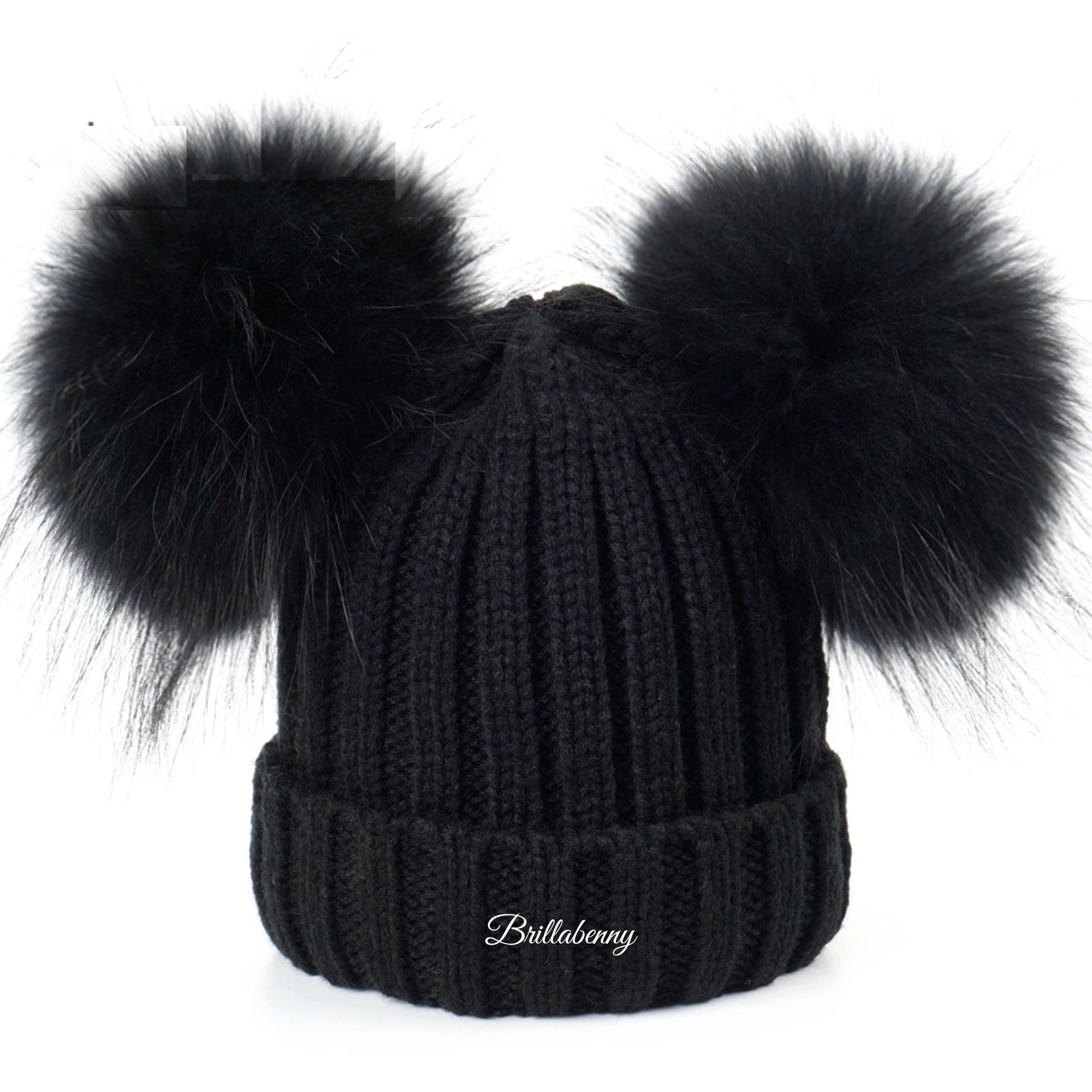Cappello Pelliccia Vera Doppio PON PON Nero Ragazza Donna Cuffia Berretto Hat Fur Luxury Neve Sci Inverno Regalo Natale