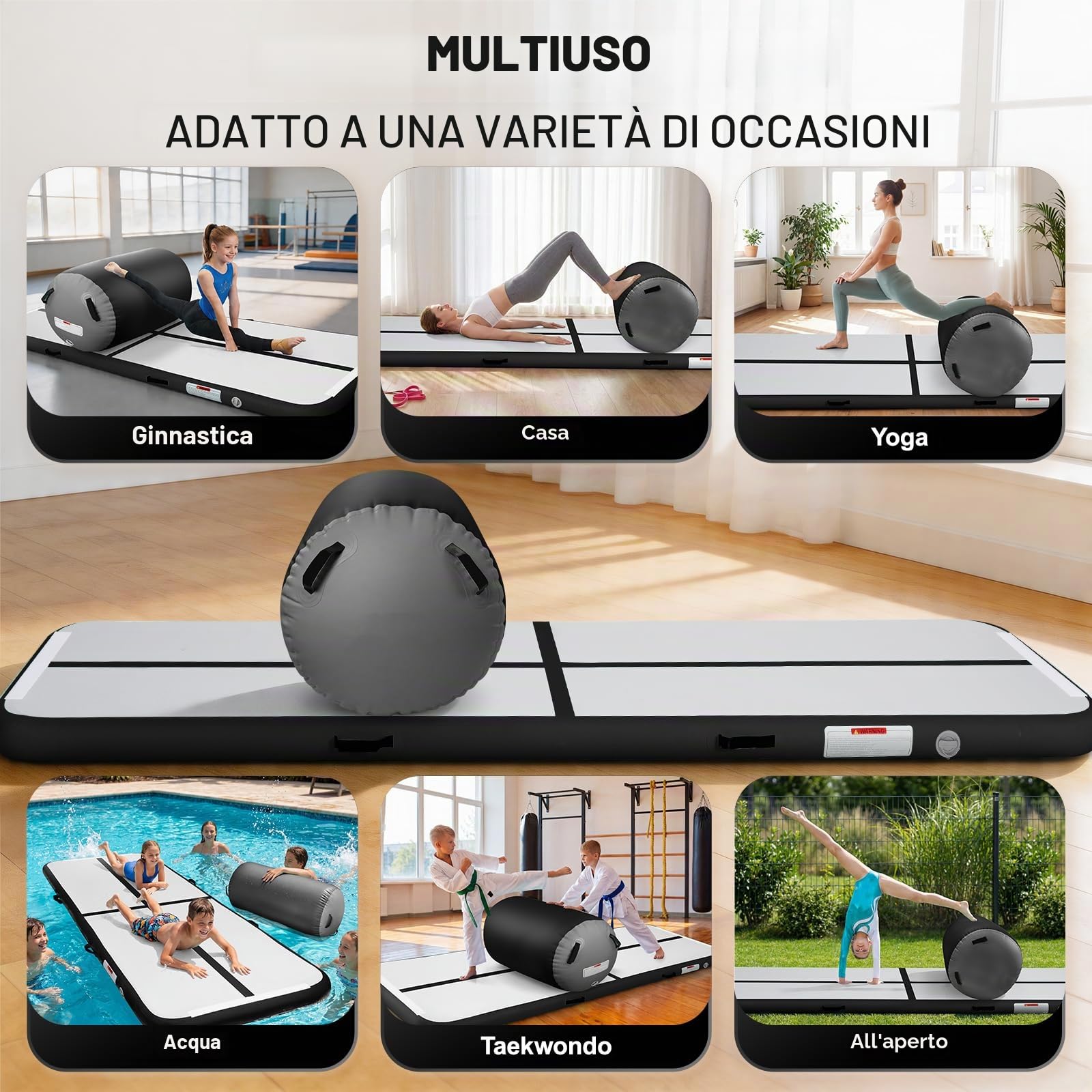 air roll ginnastica artistica con air roller,Tappeto da ginnastica da 10 cm premium con pompa ad aria | Pista per tumbling resistente 3 m/4 m con rullo gonfiabile 100x60 cm