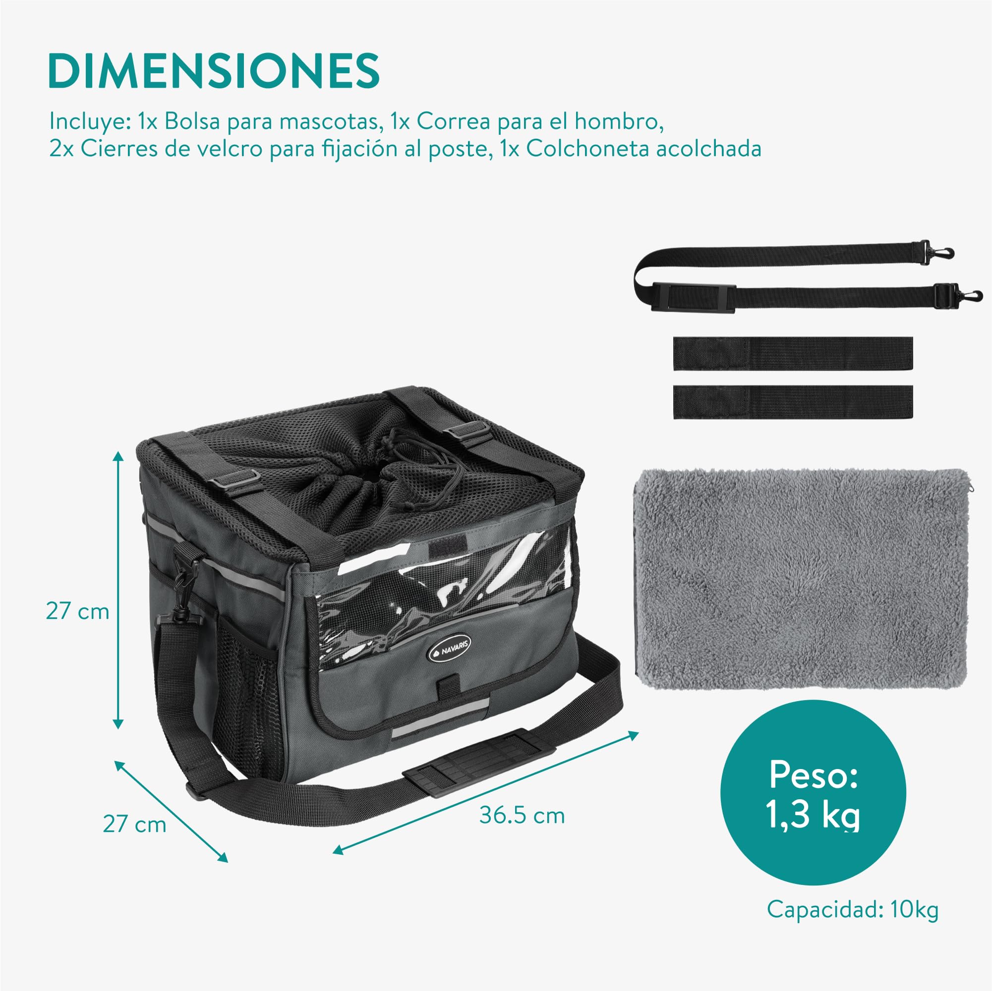 Navaris Cesta Perro Bicicleta - Cesta Bicicleta Delantera para Perros y Gatos MAX. 10 kg - Cordón Ajustable para Que No Salten - con Bolsillos Adicionales y Correa para Hombro
