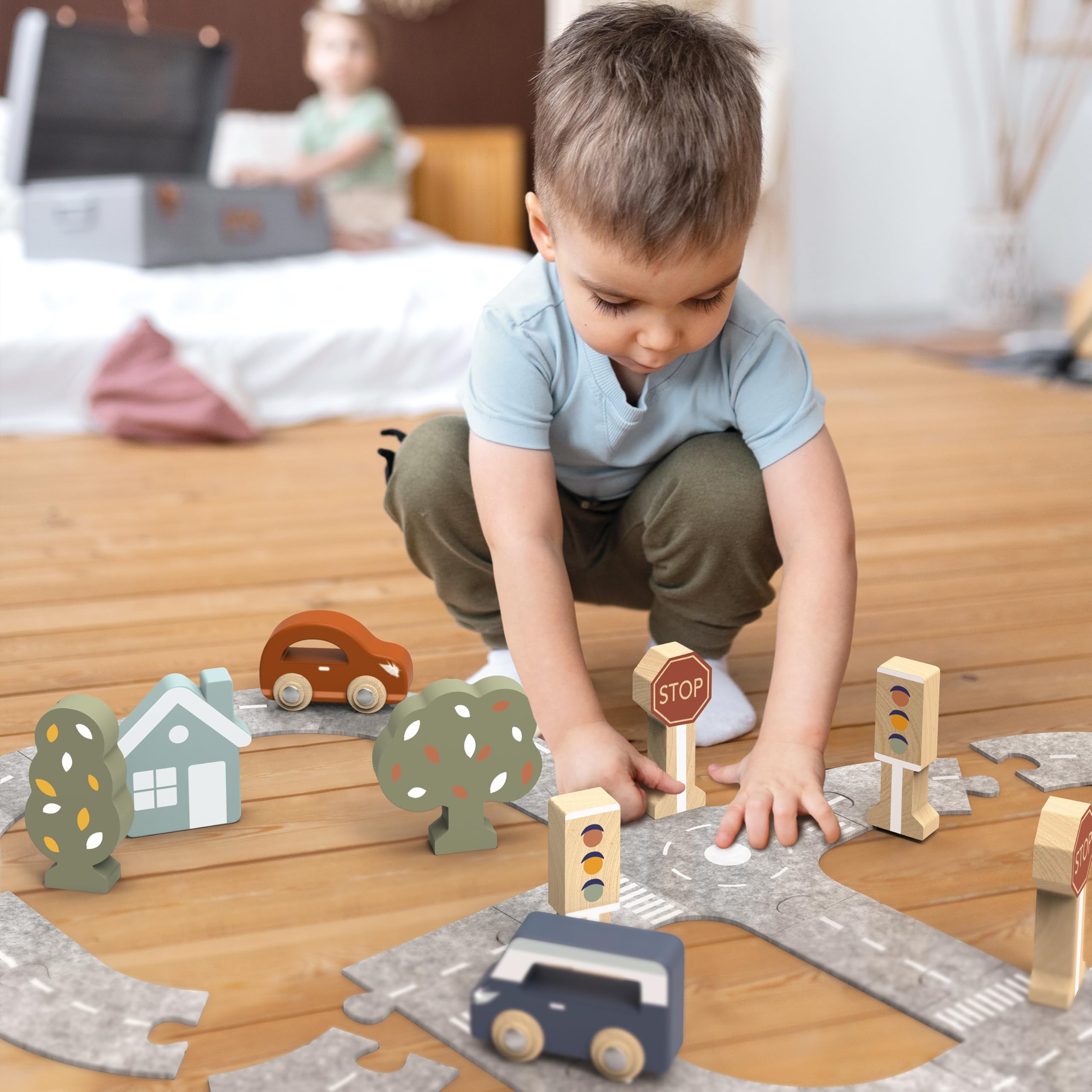 Speedy Monkey - Piste de Voitures Puzzle 10 Pièces - Jouet en Bois et Feutre FSC Enfant 3 à 6 Ans - Circuit Voiture Emboîtable Jeu Imaginatif Motricité Fine - Cadeau Anniversaire Garçon Fille
