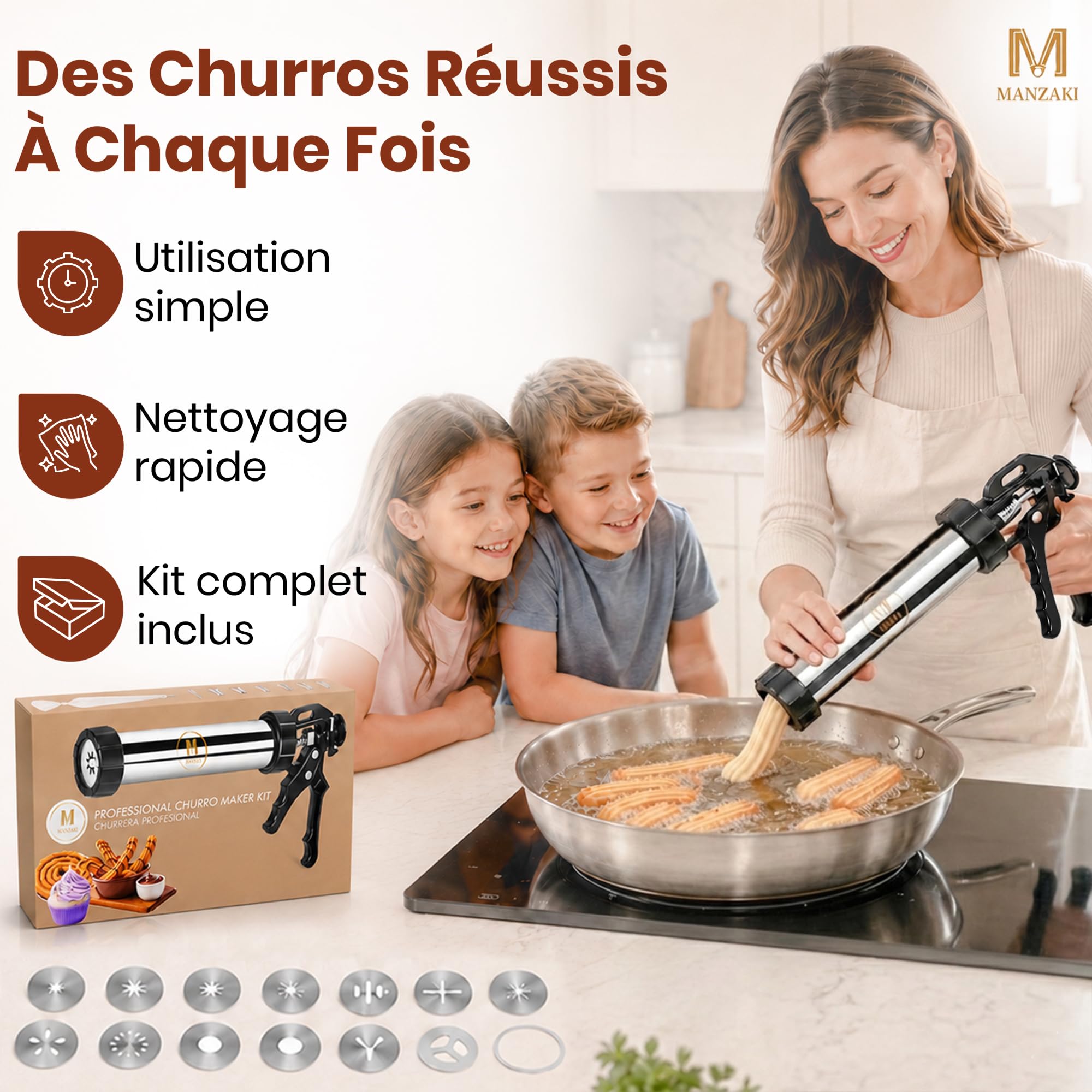 Machine à Churros Inox — Churros & Chichi Croustillants en Quelques Minutes — Appareil avec Poche à Douille Pro 41 cm — Presse à Biscuits Tunisiens — Sans BPA Certifié LFGB — 9 Disques 7 Douilles