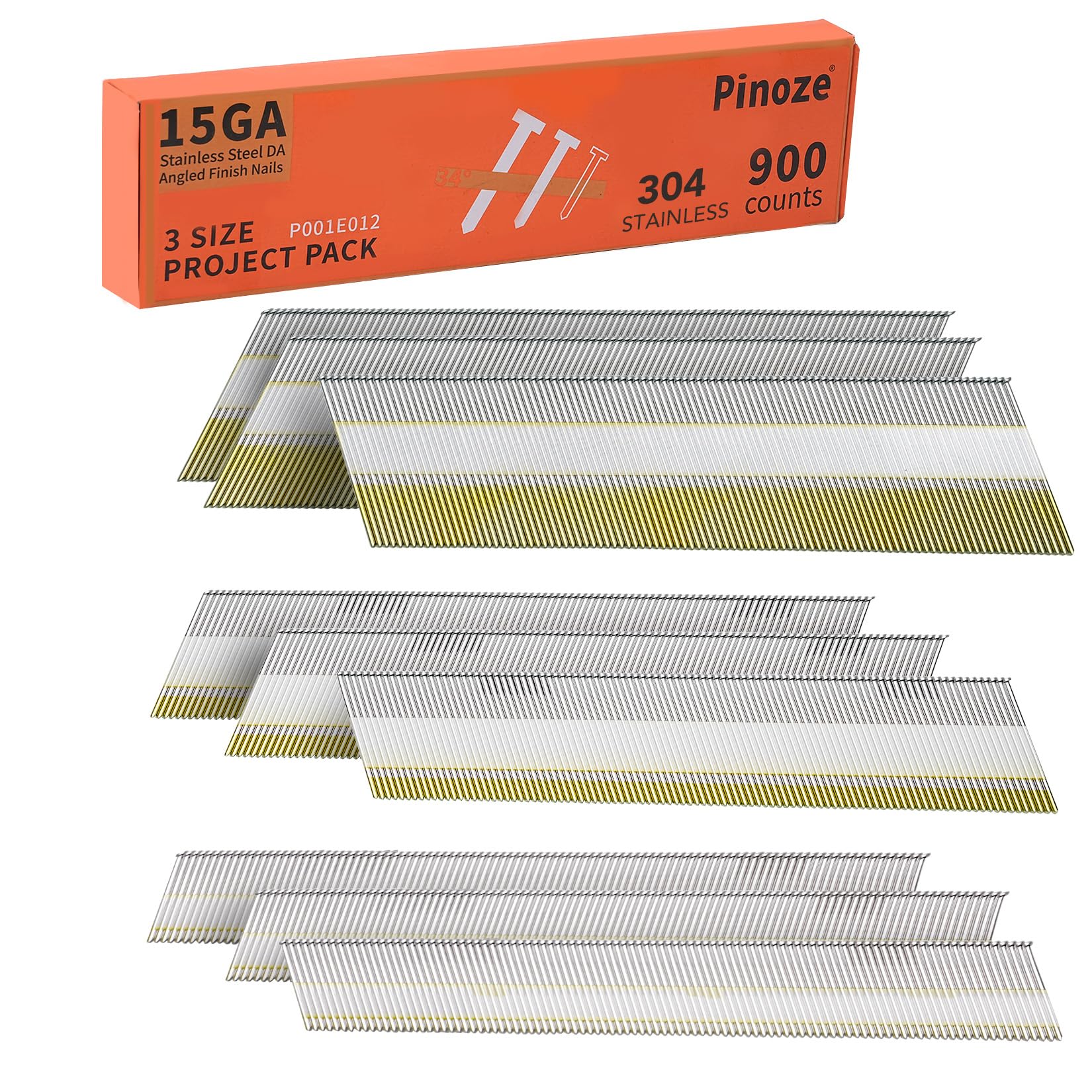 PINOZE 15 Gauge DA Stainless Steel Angled Finish Nails, 34-Degree, 900-Pack (2-1/2", 2", 1-1/4" 300 Per Sizes), Assorted Size Project Pack, for