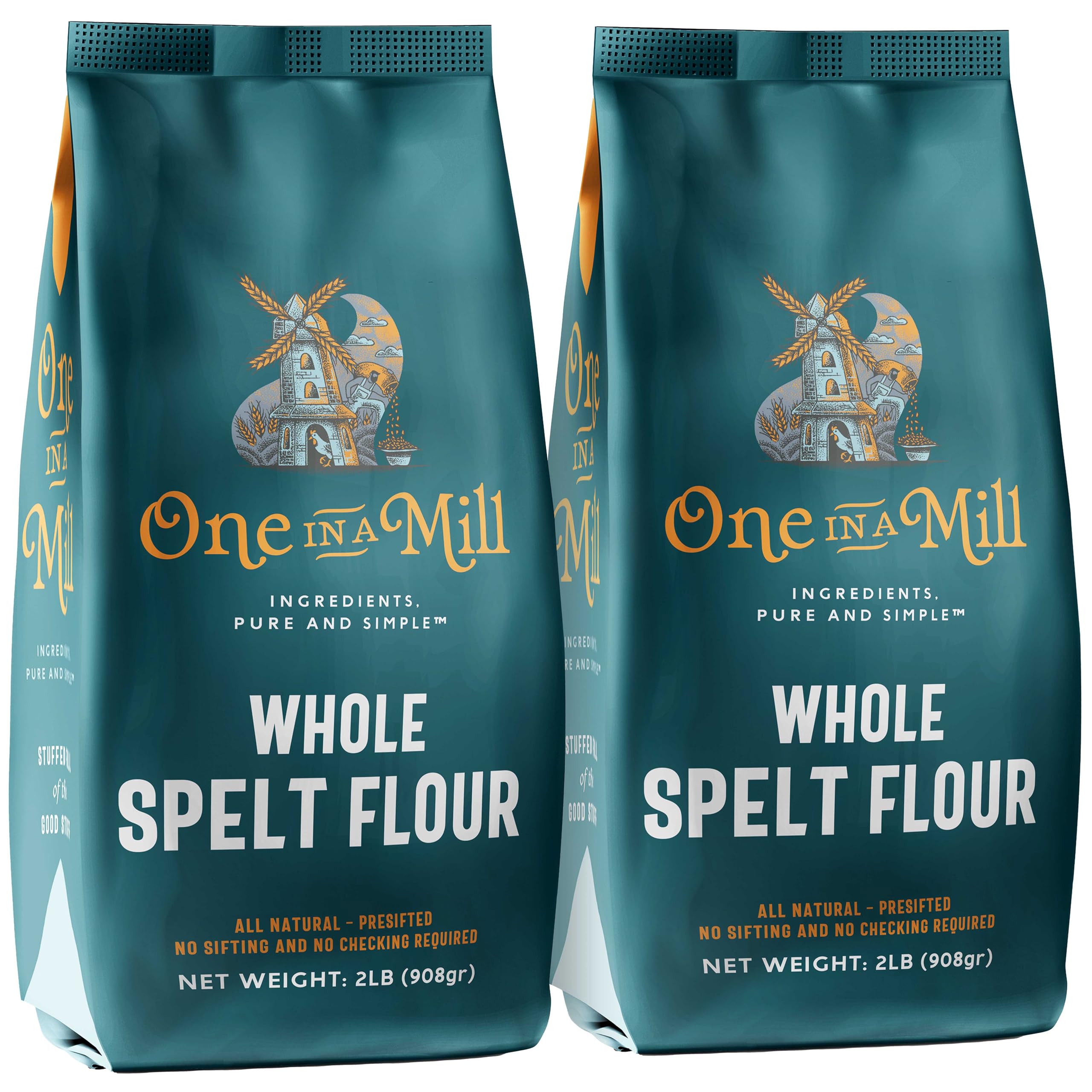 ONE IN A MILL Whole Spelt Flour | 2 LB [Pack of 2] Unbleached Pre-sifted Premium Quality Flour for Baking Bread, Cakes, Pie Crusts, Pasta & Artisan Doughs