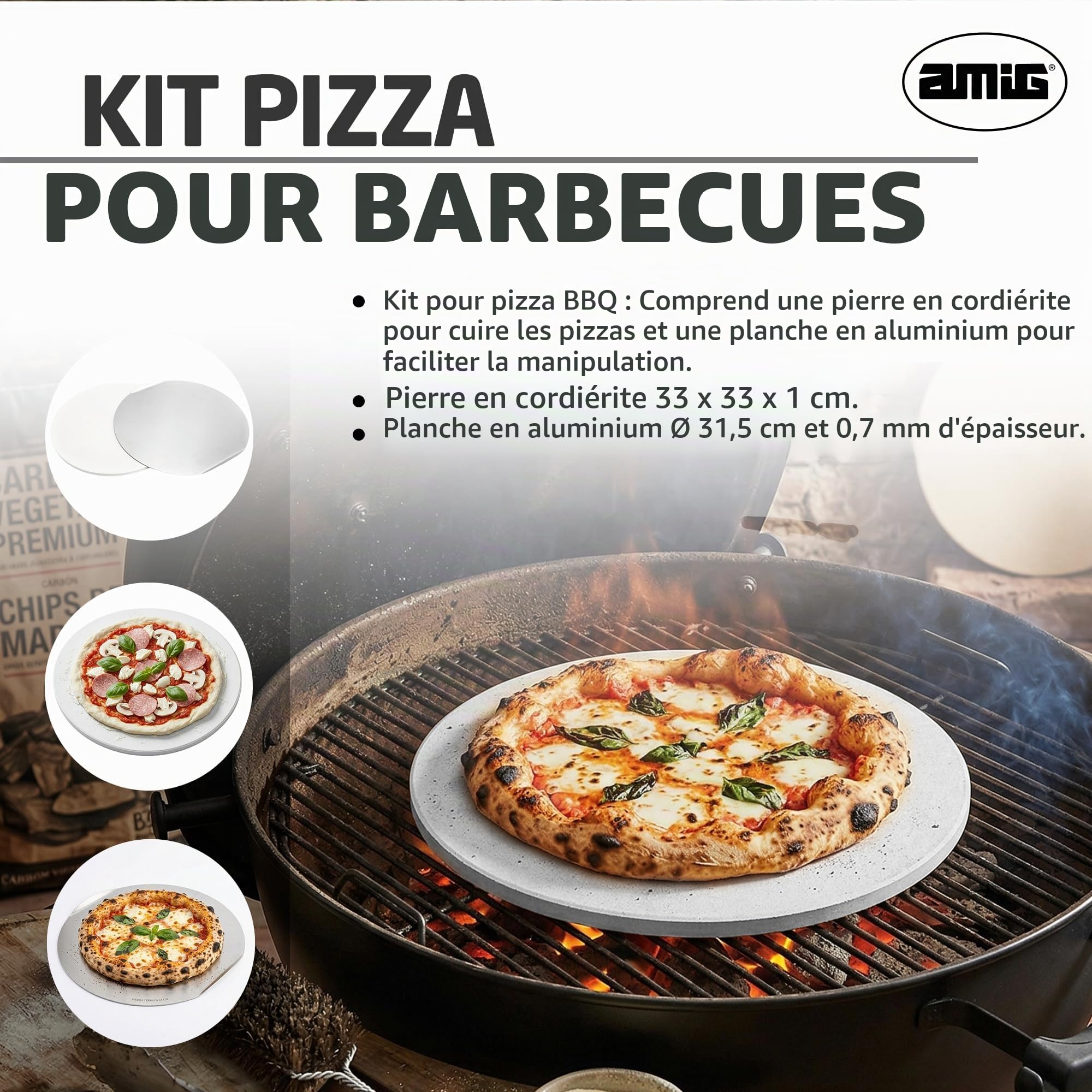 Amig – Kit pour pizza au barbecue – Pierre en cordiérite et plaque en aluminium – Diamètre de la pierre 33 cm – Diamètre de la plaque 31,5 cm – Compatible four et barbecue – Mod. AM27