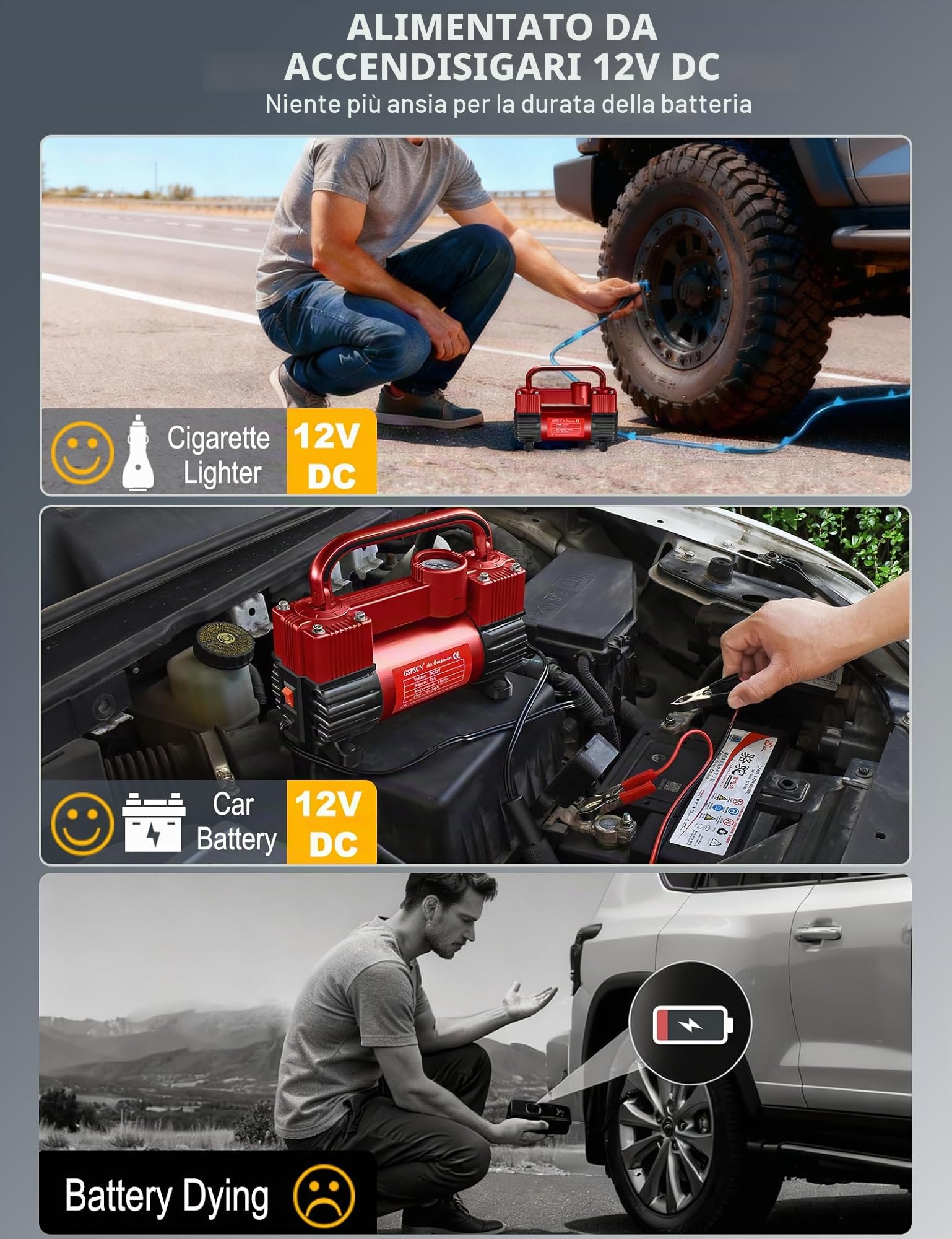 GSPSCN Rosso Compressore Aria Portatile ad Alta Resistenza a Doppio Cilindro, Gonfiatore Pneumatici in Metallo DC 12V, Pompa Elettrica da 150 PSI per Gonfiare Le auto, camion, SUV, Moto,palloni.