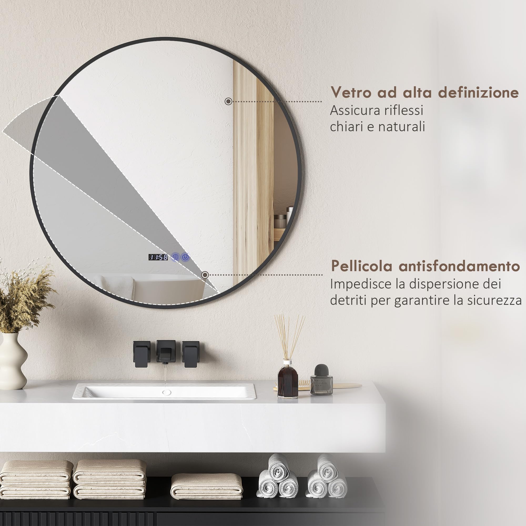 HOMCOM Specchio da Bagno con Luce LED Regolabile, Specchio Rotondo Anti Nebbia 70 cm, Specchio da Parete con Smart Touch con Display Ora e Temperatura e Funzione Memoria, IP44, Nero