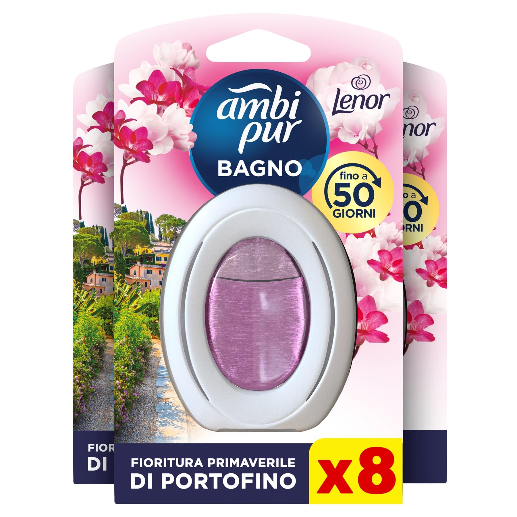 Ambi Pur Bagno Lenor Portofino, Deodorante per Ambienti ad Azione Continua Eliminazione e Prevenzione degli Odori, 8 Pezzi