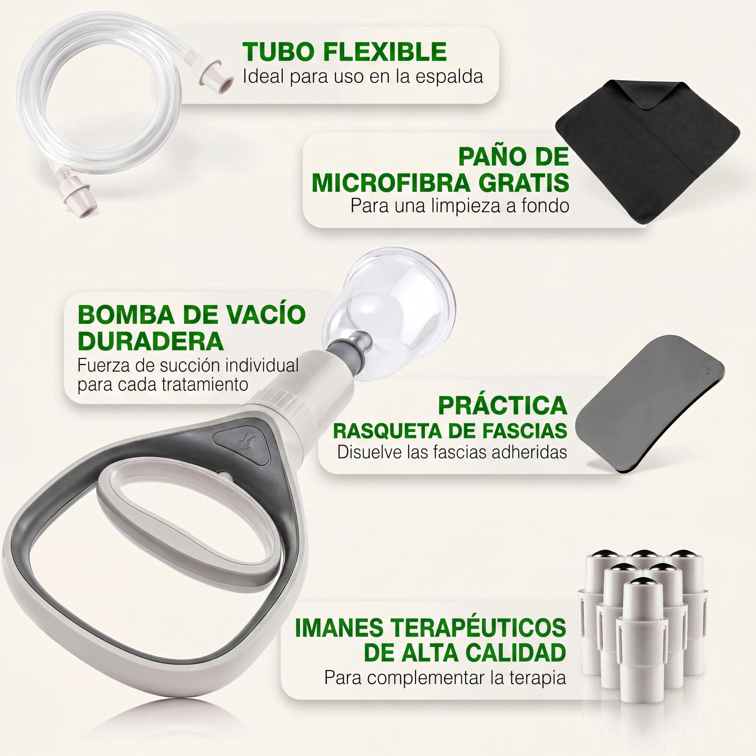 BACKLAXX® Ventosas Fisioterapia Set 12 Piezas con Bomba de Vacío, Cupping | Set ventosas masaje: 12 ventosas irrompibles, 6 imanes terapia, bomba, tubo & rascador fascias, videocurso & eBook