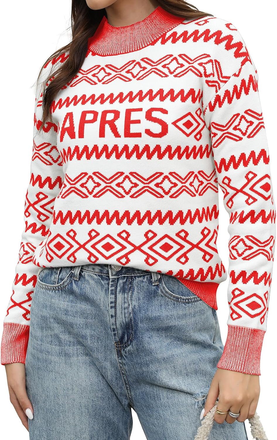 Womens Cowl Neck Pullover Sweaters Apres Ski Long Sleeve Chunky Knit Christmas Sweater - Image 5