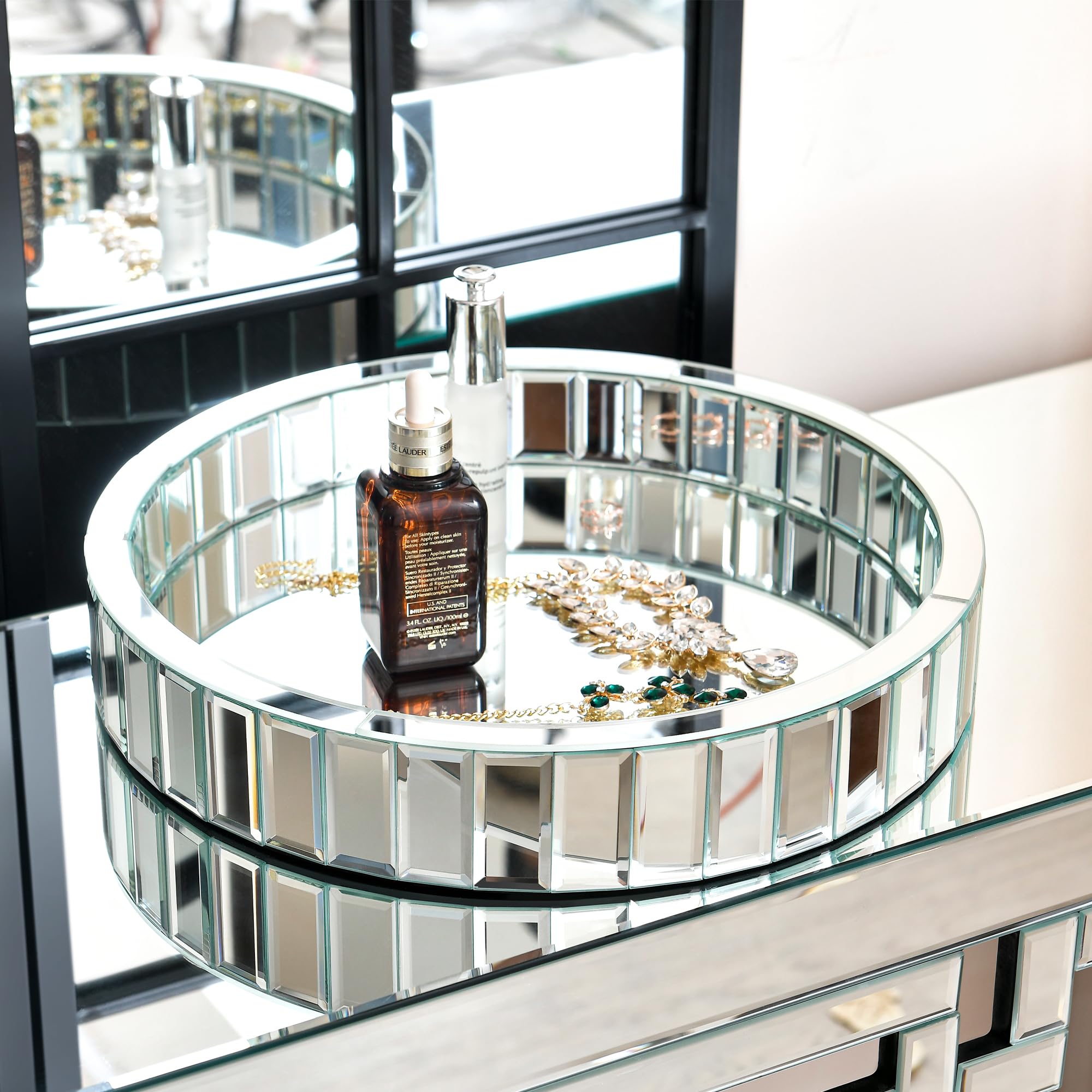 GOAND Mirror Tray- 15” Silver Round Gorgeous Tray Decorative Tray Makeup Tray for Dresser Vanity Room, Bathroom, Bedroom, Hallway