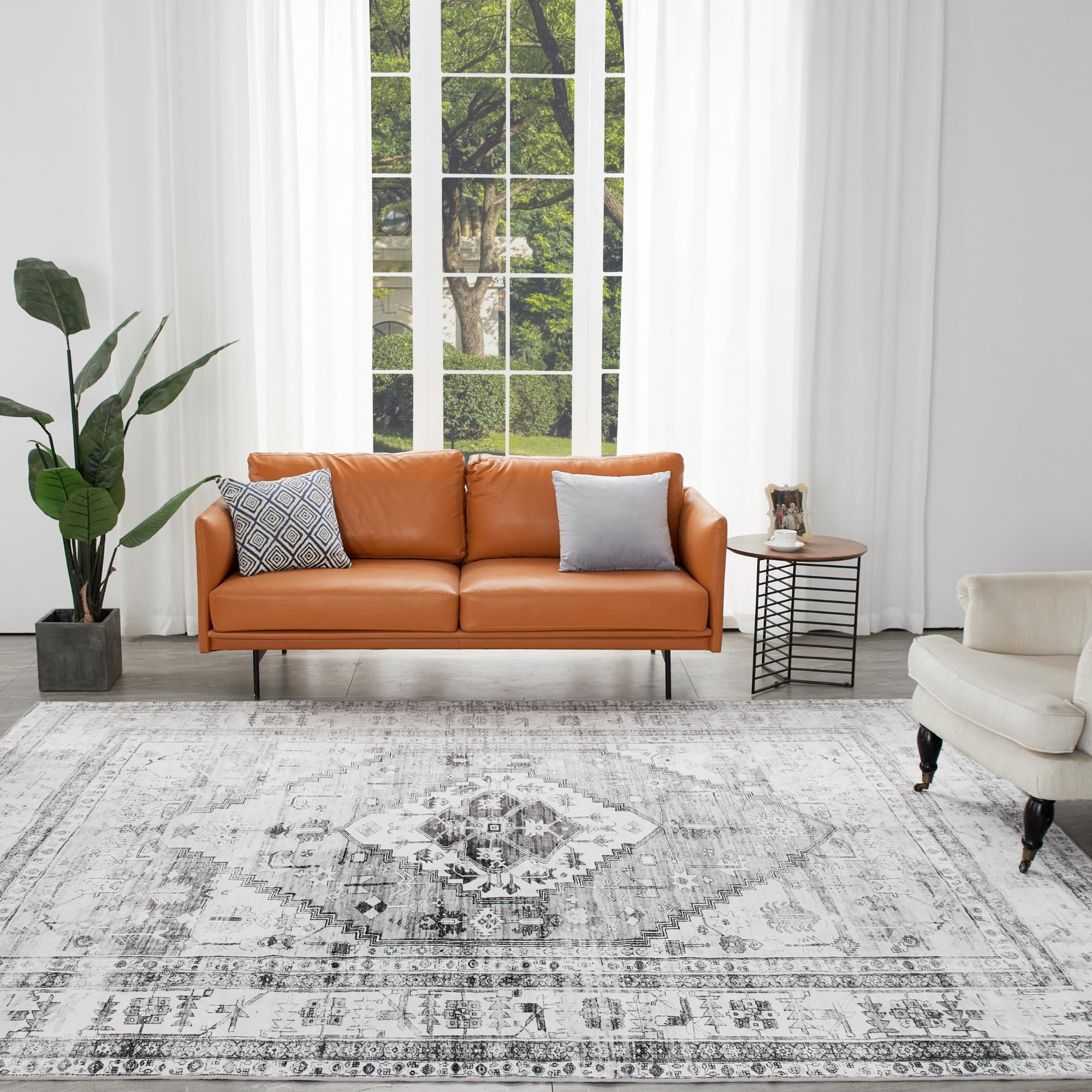 Auemtyn 9x12 Washable Area Rug for Living Room, Washable Rug with Non Slip Backing, Low Pile Carpet for Bedroom, Dinning Room (Faded Grey, 9'x12')