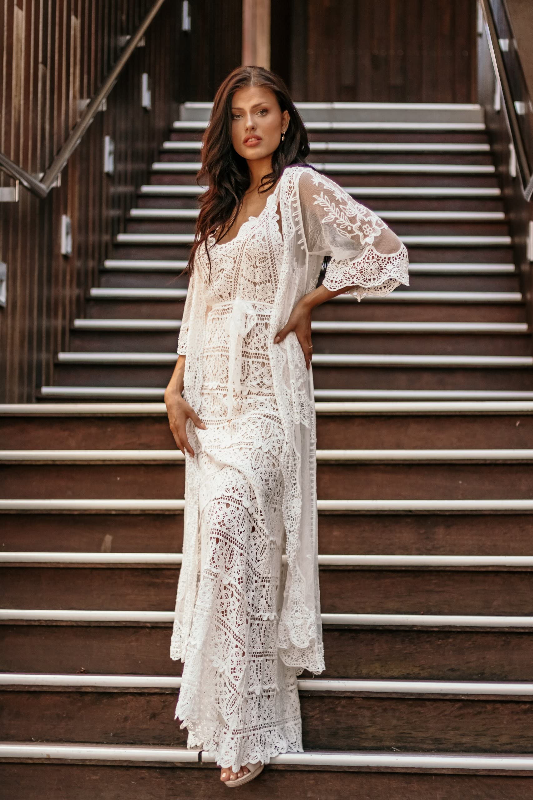 Miro Boho Chic Ibiza 89 Vestido de Novia Boho Chic Vestido Largo ibicenco de Encaje, sin Mangas. Escote V Talla Unica. Vestidos Ibicencos Mujer Blanco Vestidos Boho Largos Verano. Incluye Base.